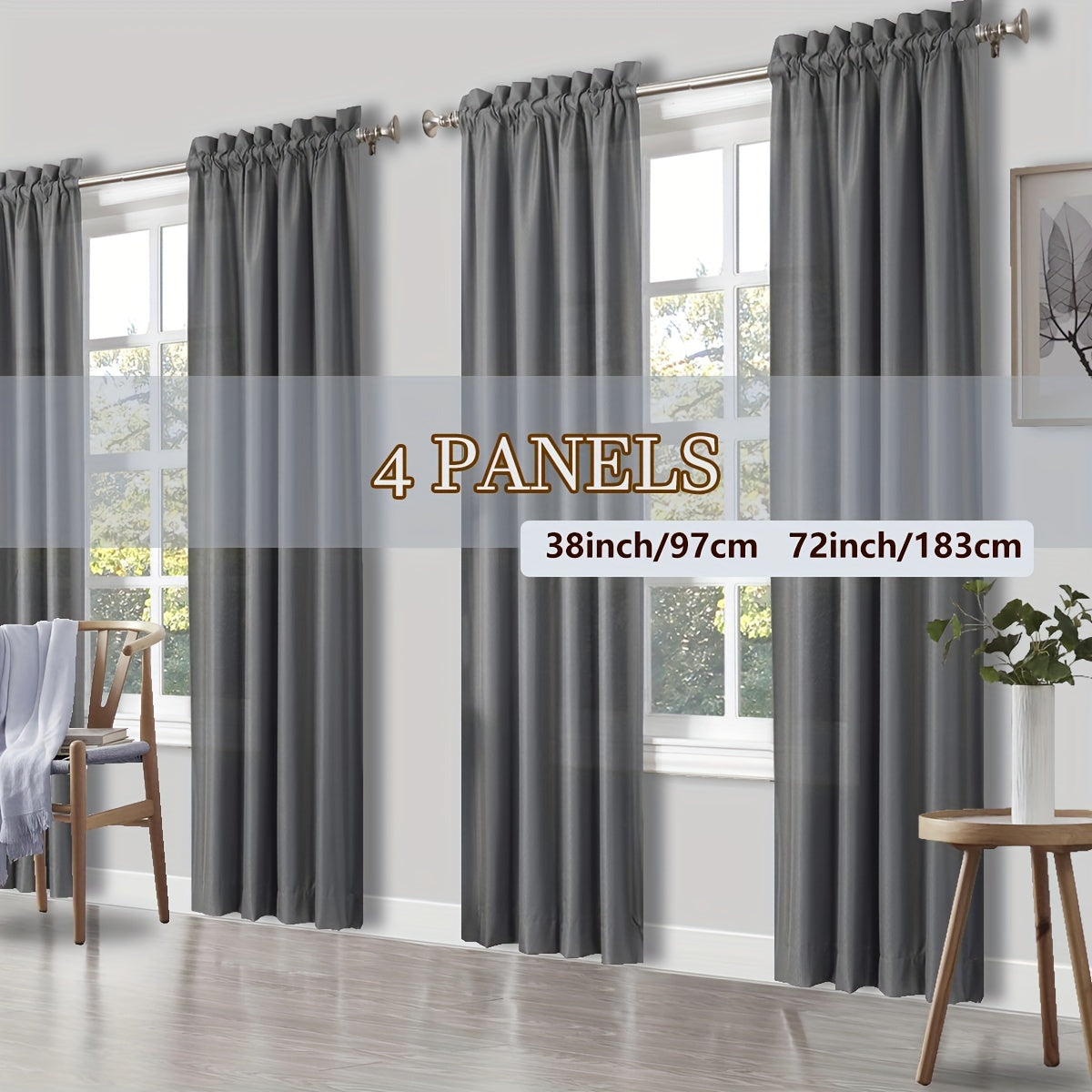 Rod Pocket Light Filtering Curtains 4 Panels Solid Color | Yarn-Dyed Fade Resistant Fabric | Easy 30-Second Install | Living Room Bedroom Office Patio Door | 10 Colors 8 Sizes 38-54 Wide 54-95 Long