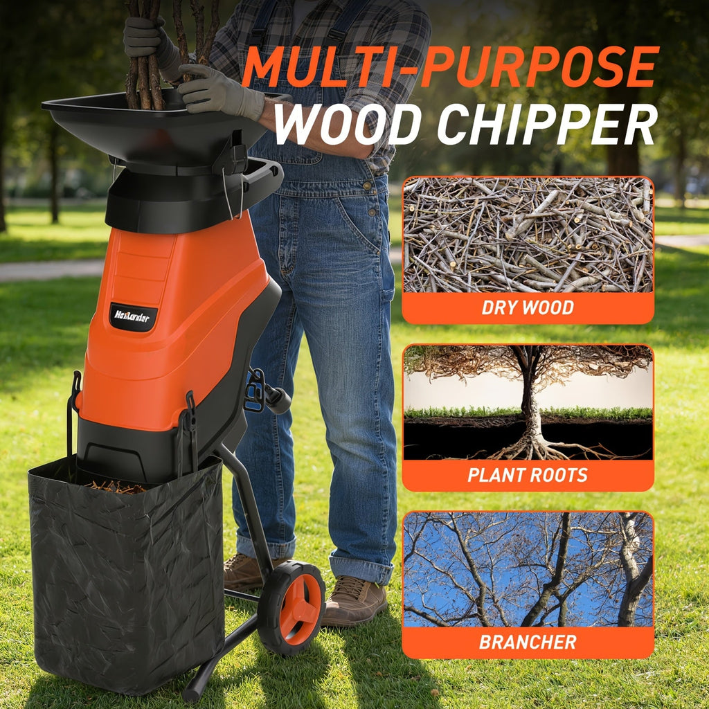 Maxlander 15-Amp Heavy-Duty Electric Wood Chipper & Leaf Shredder 1.75-Inch Cutting Capacity 11.89-Gal Collection Bag Yard Waste Mulcher for Branches Twigs & Leaves – Orange