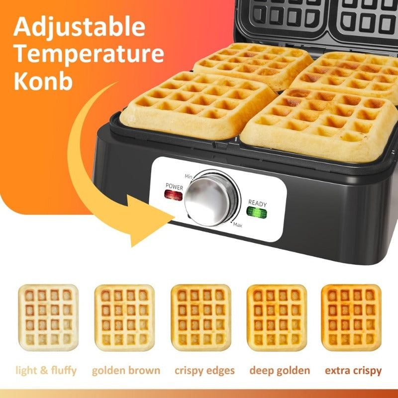 4-Slice Waffle Maker Electric Waffle Iron Adjustable Temperature Knob Control Nonstick Surface Indicator Light Easy Clean for Family Breakfast Silver