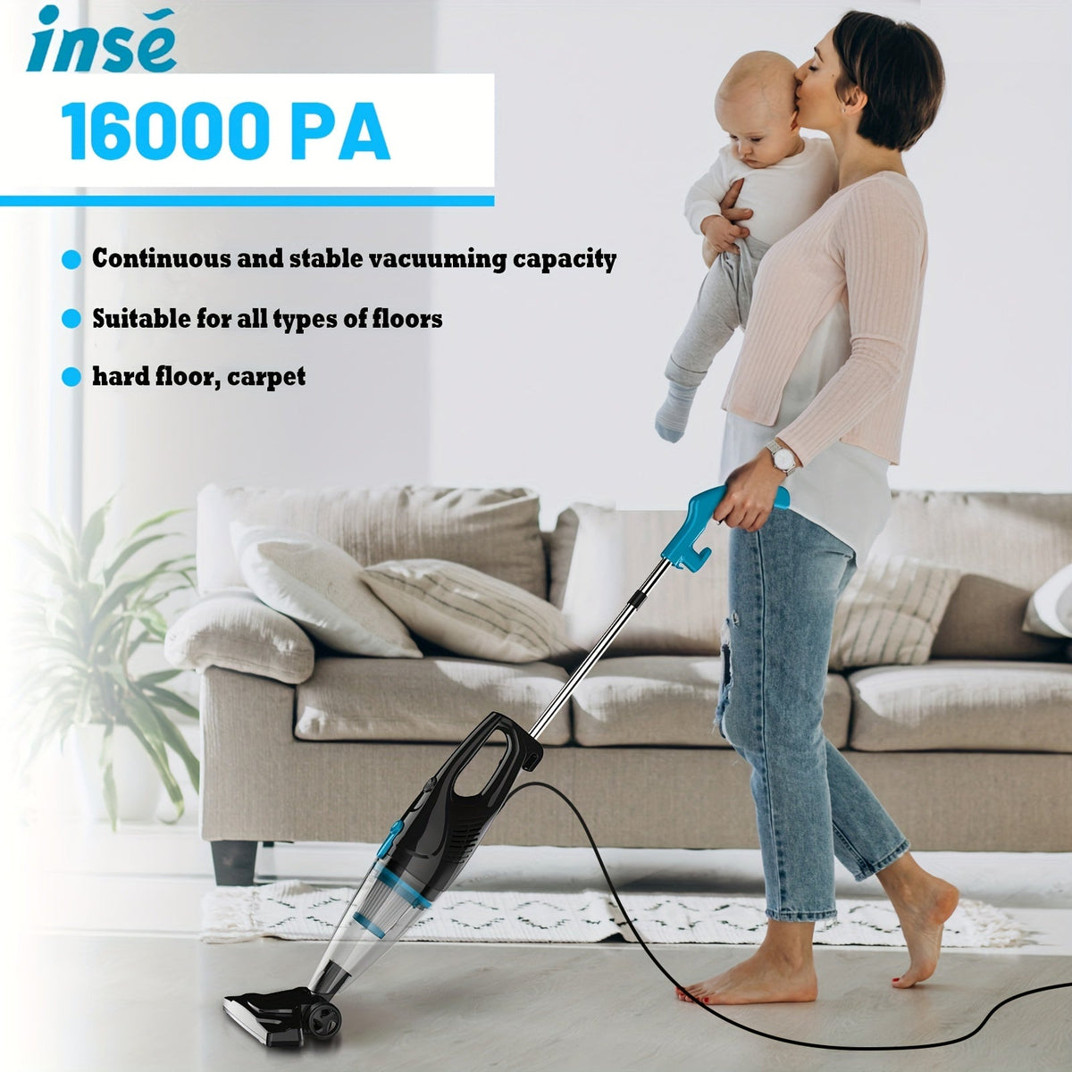 INSE R3S Corded Stick Vacuum Cleaner 400W & 16kPa Suction - HEPA Filtration, 9 Accessories, 3.75lb Ultra-Lightweight, 20ft Cord, for Pet Hair Hard Floor Carpet - 4 Colors