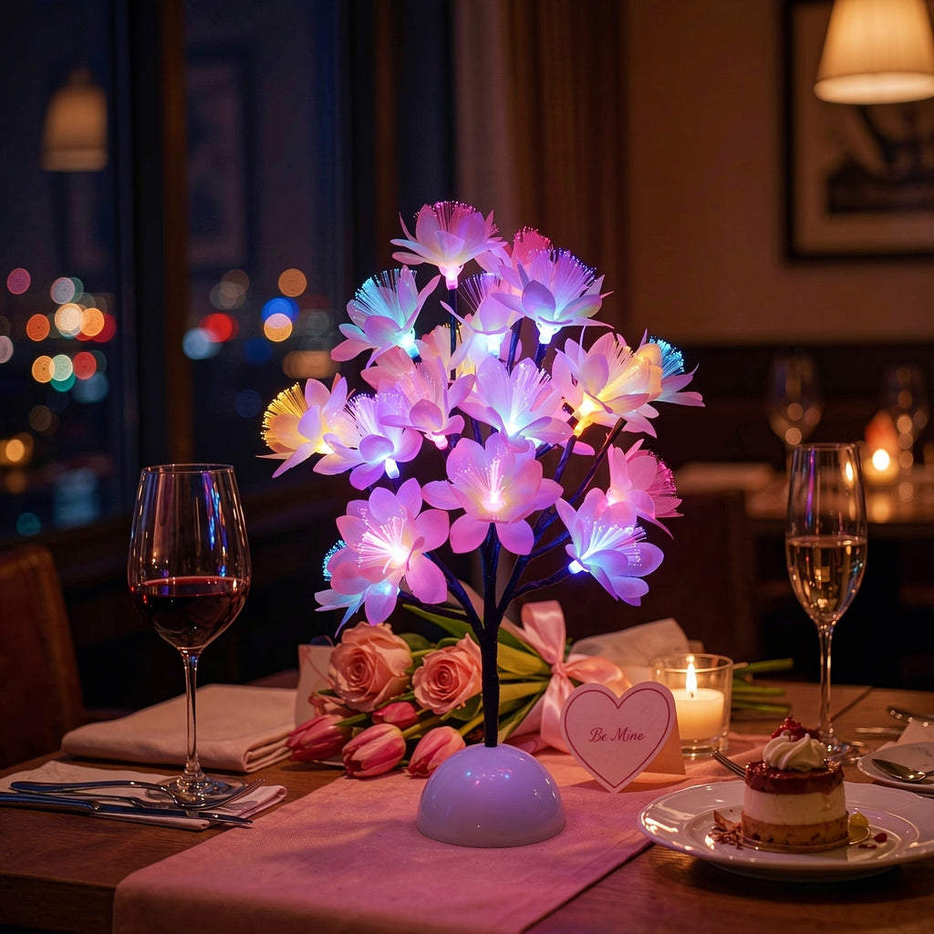Pink Fiber Optic Tree Light Colorful Glowing Desktop Night Light Battery Powered Artificial Flower Tree for Bedroom Living Room Christmas Home Decor Multicolor