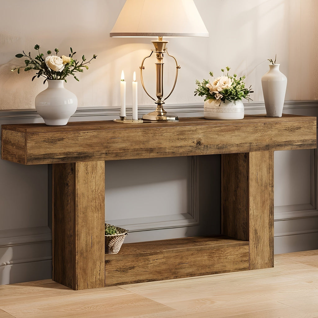 Farmhouse Console Table with U-Shaped Base & Bottom Shelf, Rustic MDF Entryway Table for Living Room Hallway Foyer Corridor, Country Style Sofa Table with Storage, Durable Modern Rustic Decor