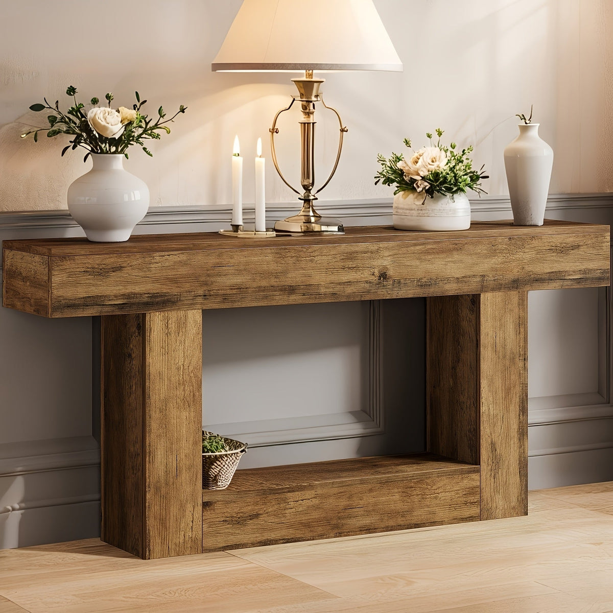 Farmhouse Console Table with U-Shaped Base & Bottom Shelf, Rustic MDF Entryway Table for Living Room Hallway Foyer Corridor, Country Style Sofa Table with Storage, Durable Modern Rustic Decor
