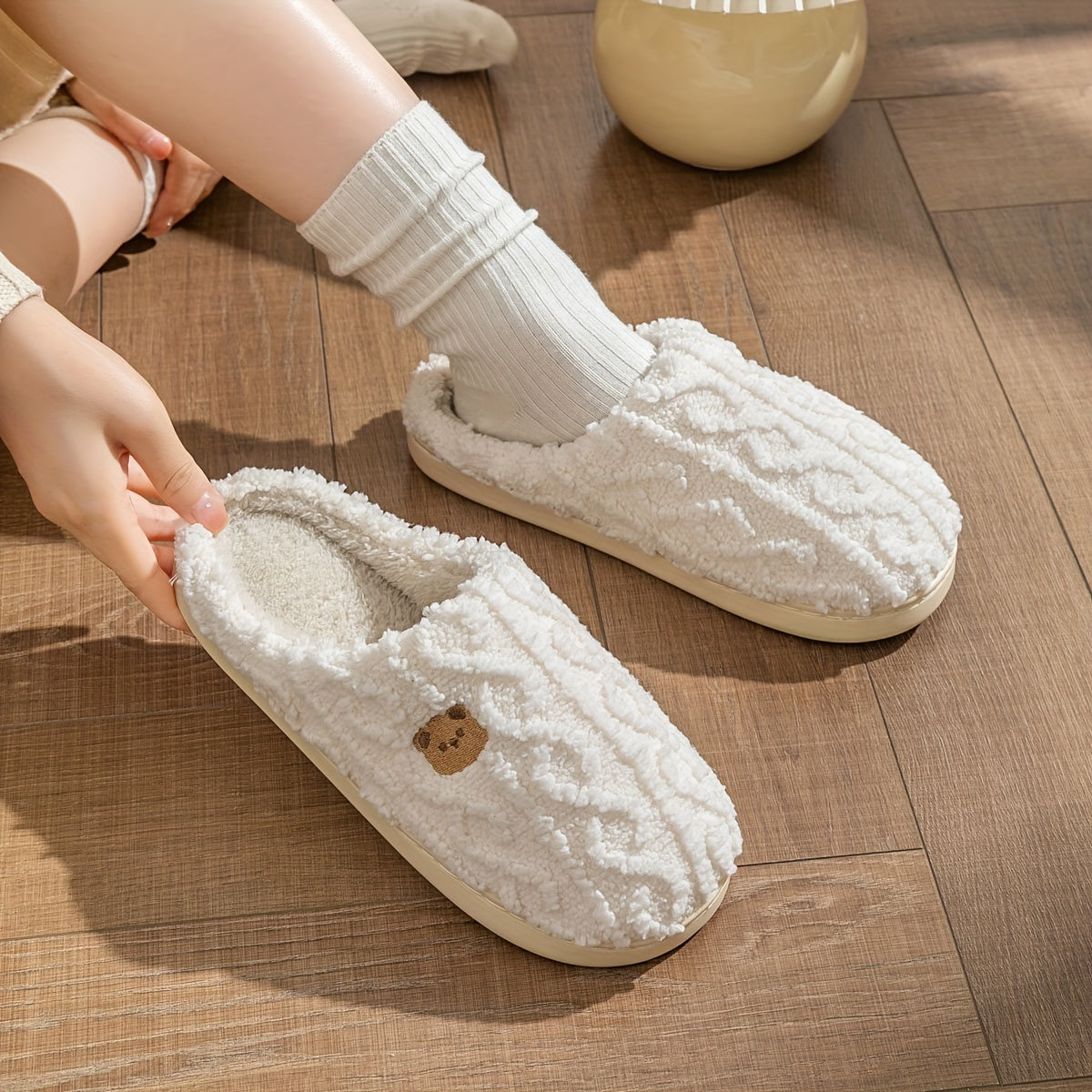 Cozy Bear Print Slip-On Slippers Soft Fabric Warm TPR Sole All-Season Indoor Home Slippers for Women White Dark Gray US 5.5-11