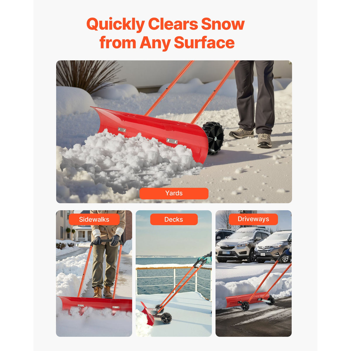Wheeled Snow Pusher Shovel, 37.8" Wide Blade, Bi-Directional 72° Angled Blade, 90° Adjustable Handle, PC & ABS Durable Construction, Anti-Stick Surface, for Driveway Sidewalk Deck Yard