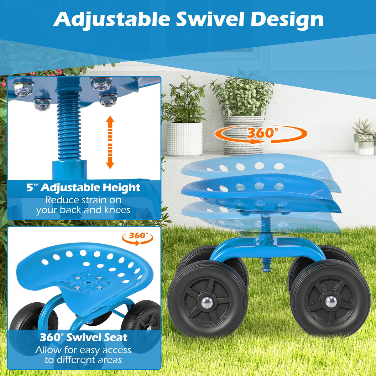Garden Cart with Seat 330LBS Heavy Duty Rolling Scooter 5 Inch Adjustable Height 360 Swivel Seat 4 Non-Slip Wheels Ergonomic for Lawn Yard Planting Pruning Red Blue Green