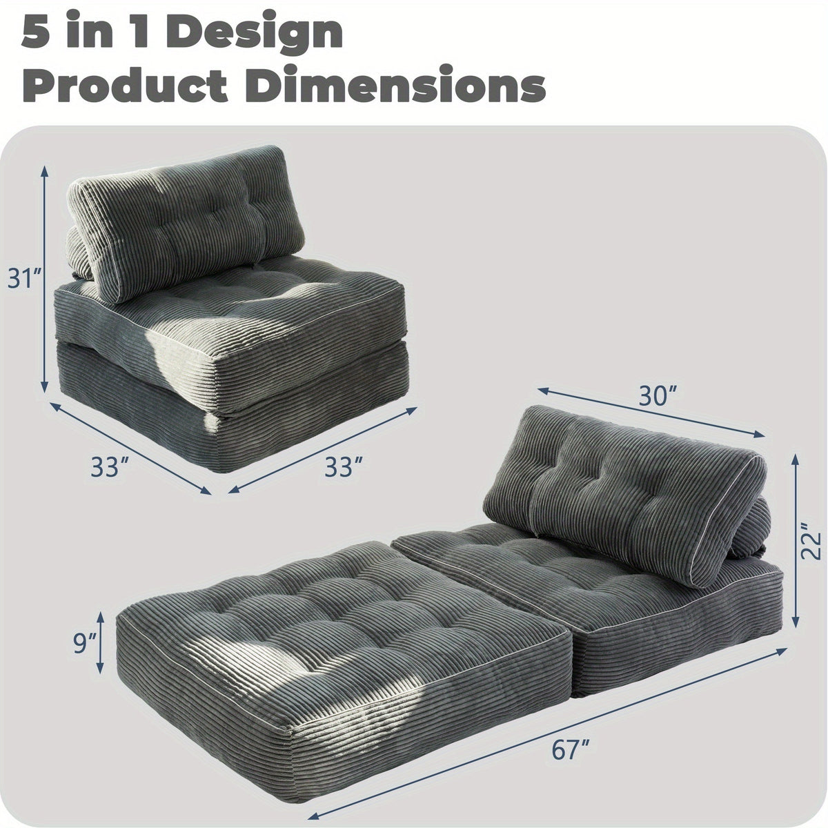Folding Sofa Bed Convertible Sleeper Chair for Adults, Foam Filling Floor Couch with Pillow, Single Size Floor Mattress Fold Out Bed, Grey White Black Pink Blue Brown