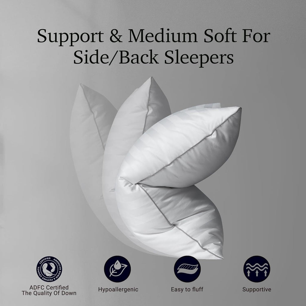 Feather Down Bed Pillows Set of 2 500 Thread Count 100% Cotton Hypoallergenic Breathable Hotel Collection for Back and Side Sleepers Standard Queen King White