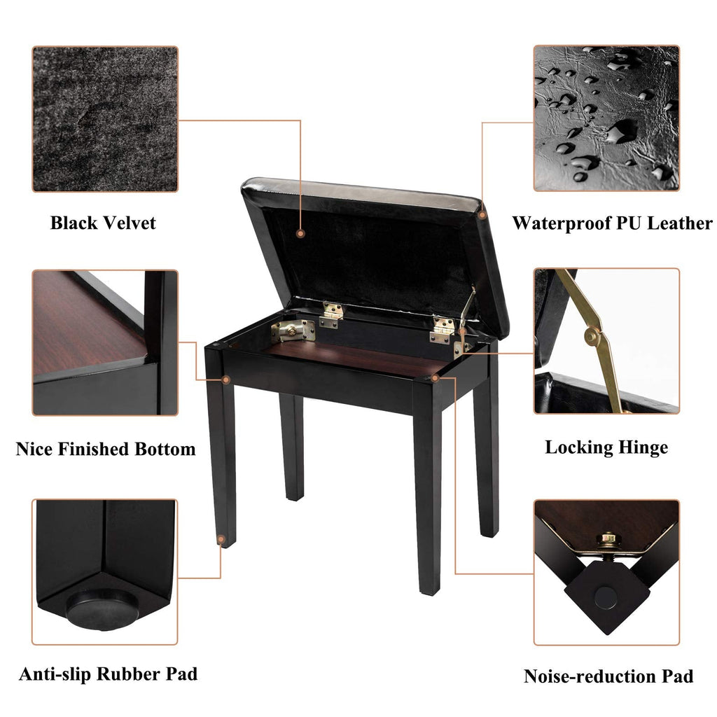 Bonnlo Wooden Duet Piano Bench - Thick PU Leather Padded Cushion, Under-Seat Sheet Music Storage, Locking Lid, 440 lbs Solid Wood Legs - Black & Brown, 21.5" or 29.5" Wide