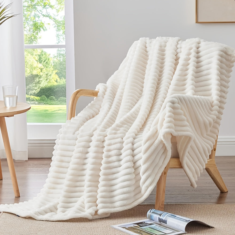 Flannel Striped Faux Rabbit Fur Throw Blanket - Soft, Warm & Cozy - Sofa, Office, Camping & All-Season - 6 Sizes - Off White, Khaki, Gray, Blue, Pink & Matcha Green