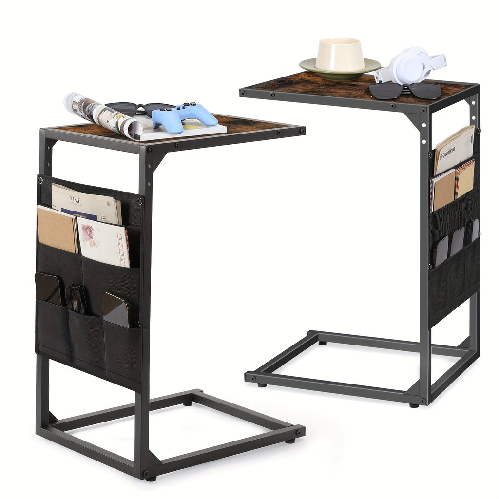 C-Shaped End Table - Slides Under Sofa, 50LBS Capacity, Desktop Storage - Optional Charging Station & Storage Bag - 1pc & 2pc Sets - Sofa Side, Living Room & Bedroom - Brown, Grey, Black, White & Wood