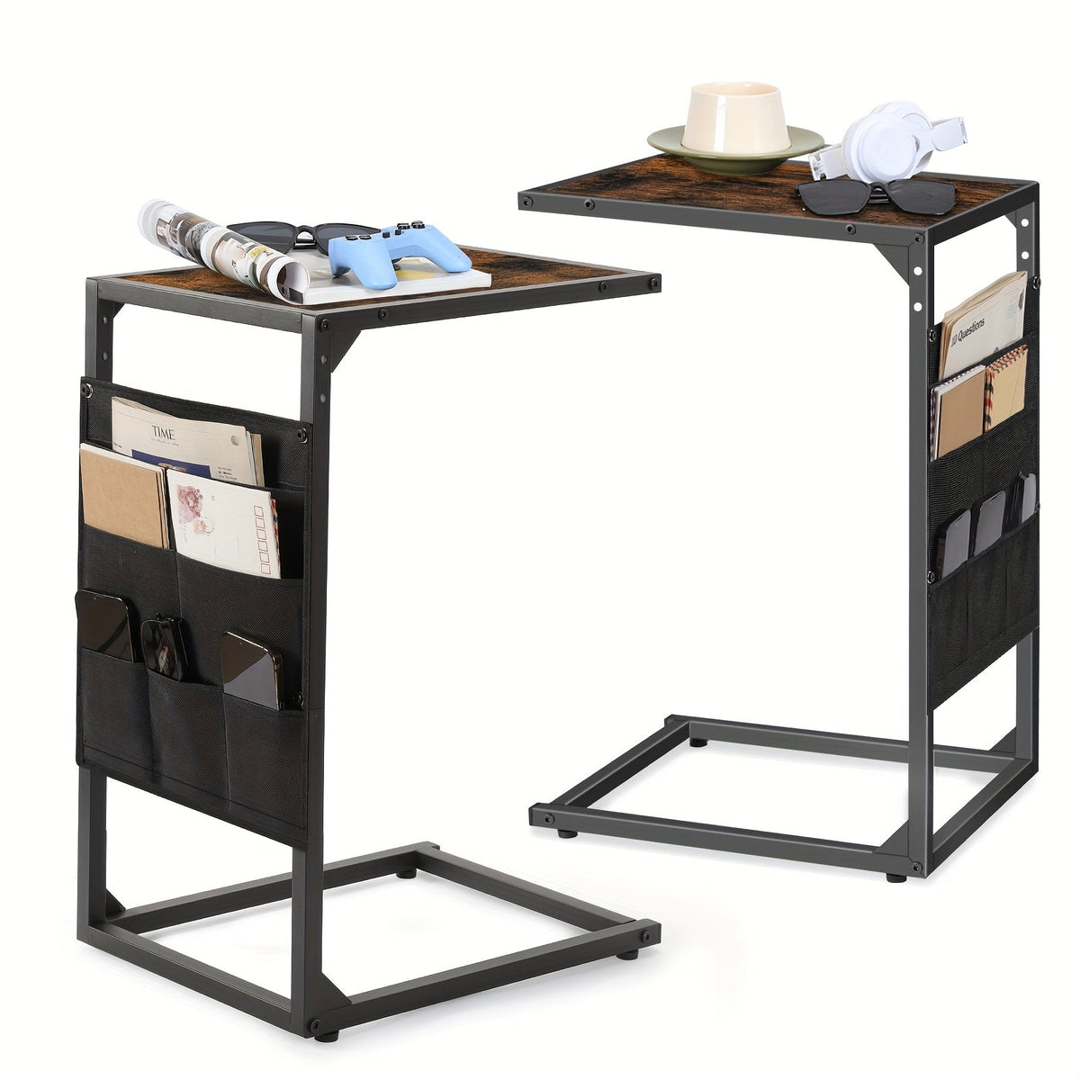 C-Shaped End Table - Slides Under Sofa, 50LBS Capacity, Desktop Storage - Optional Charging Station & Storage Bag - 1pc & 2pc Sets - Sofa Side, Living Room & Bedroom - Brown, Grey, Black, White & Wood