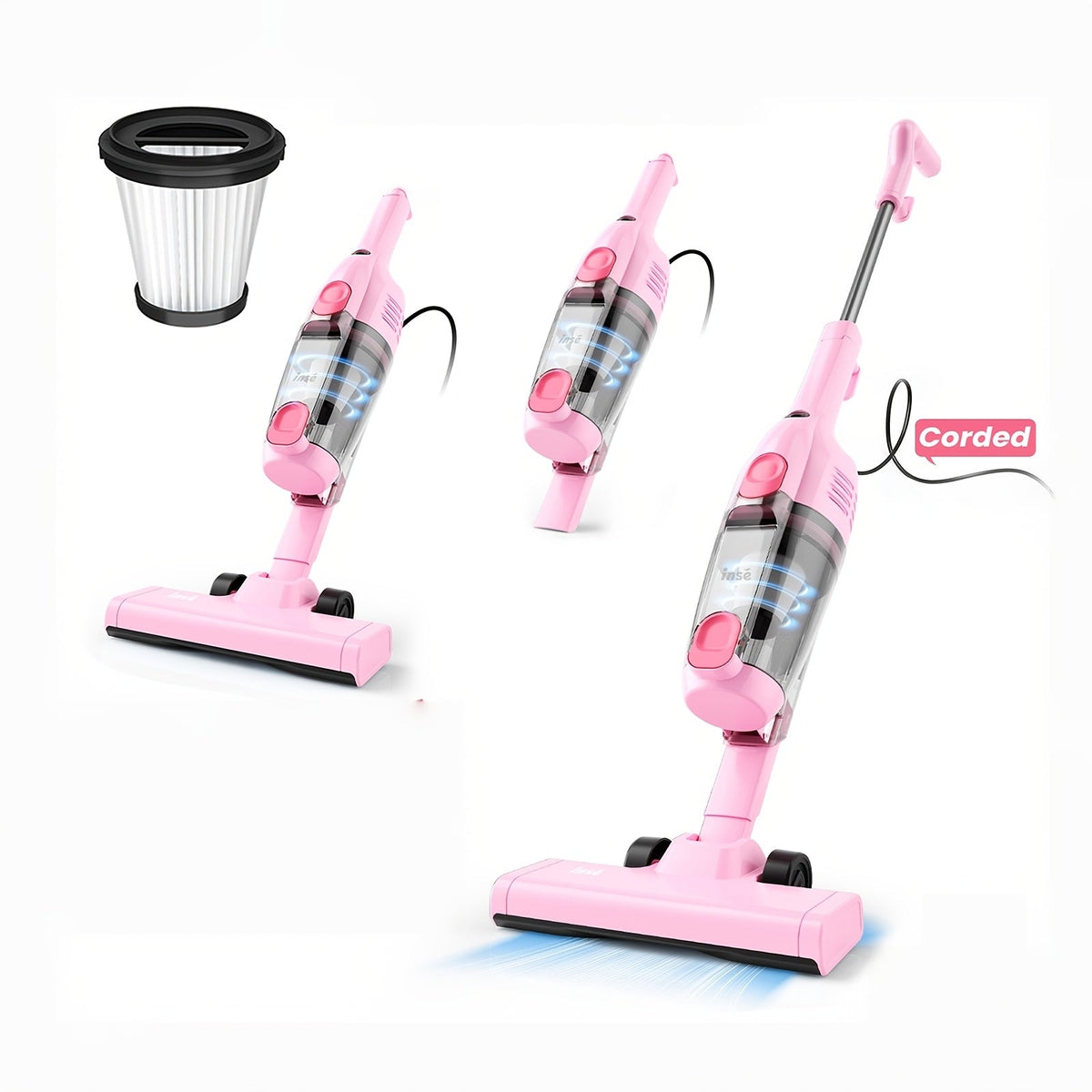 20kPa Stick Vacuum Cleaner with Handheld - 600W Powerful Motor, Bagless Upright Vacuum, 68oz Dustbin, 18ft Cord, Ultra-Lightweight for Hard Floor Pet Hair Carpet Car Cleaning - 7 Colors