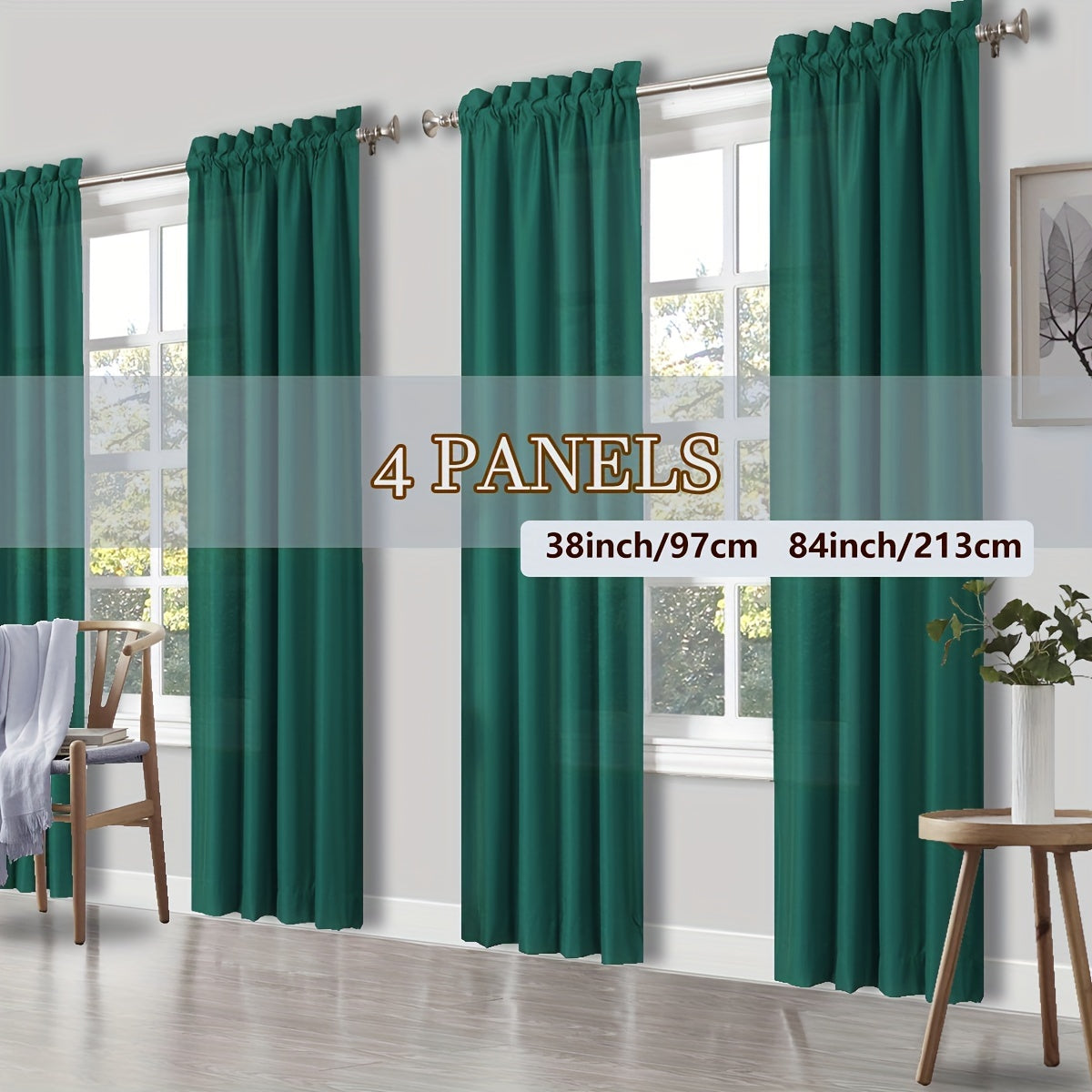 Rod Pocket Light Filtering Curtains 4 Panels Solid Color | Yarn-Dyed Fade Resistant Fabric | Easy 30-Second Install | Living Room Bedroom Office Patio Door | 10 Colors 8 Sizes 38-54 Wide 54-95 Long