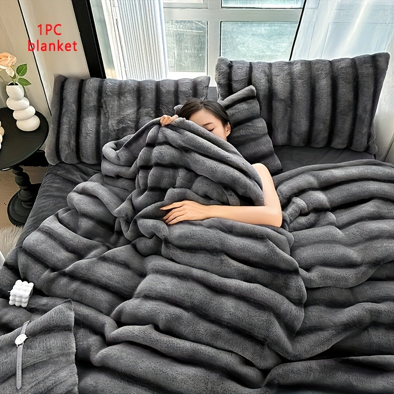 Luxury Thick Striped Plush Blanket – Rabbit-Like Soft Skin-Friendly Warm Throw for Sofa Bed Office & Travel in 6 Colors 3 Sizes