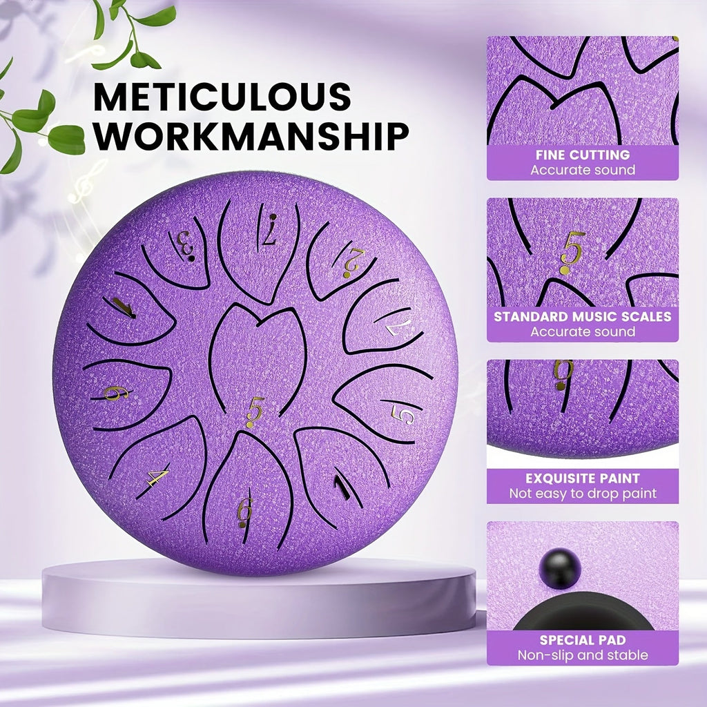 6-Inch 11-Note Steel Tongue Chakra Drum - Includes Bag, Mallets & Music Book - Adults Meditation & Mindfulness - Golden, Lavender, Lake Blue, Light Green, Malachite, Stone Green, Black & Azure
