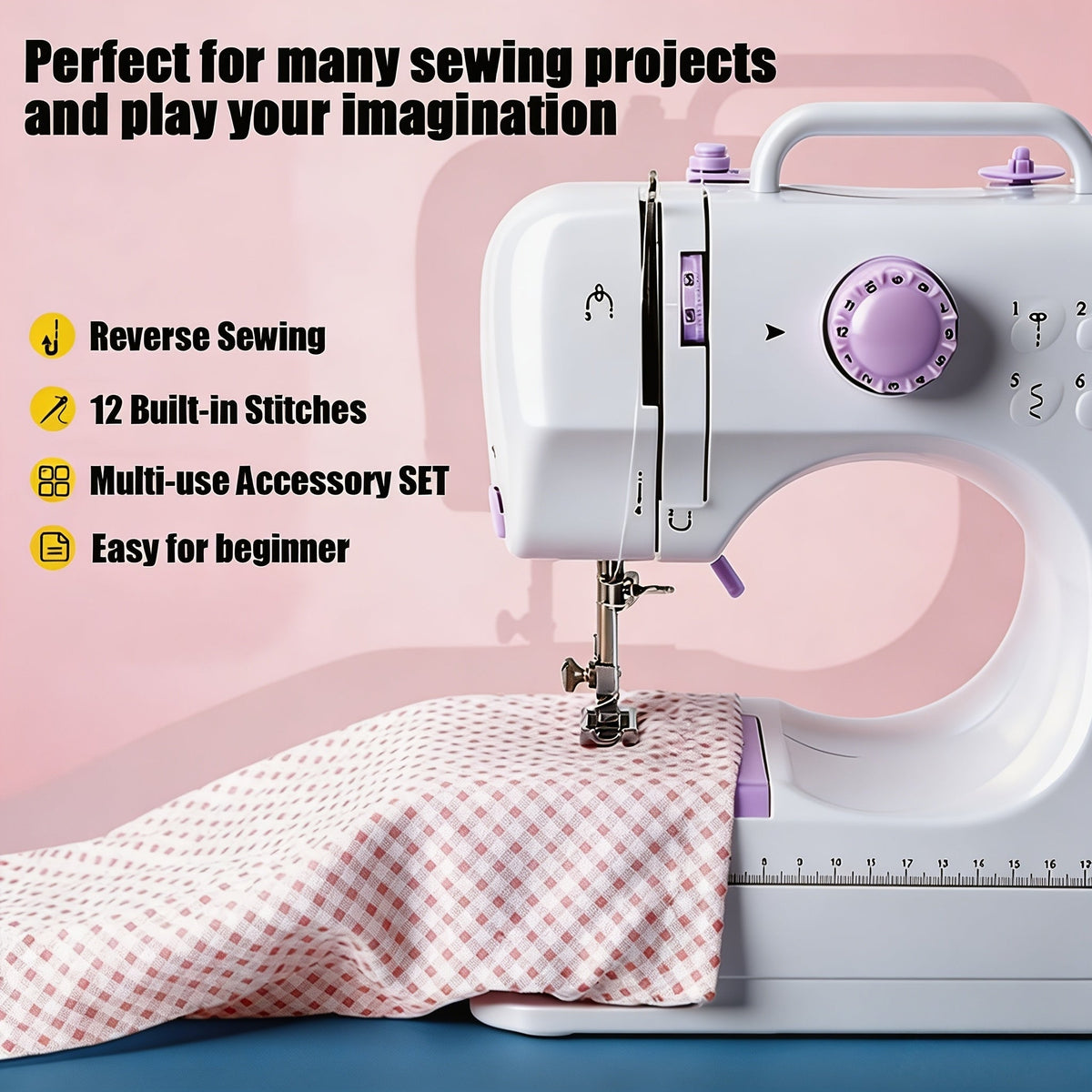 Electric Sewing Machine with 12 Built-In Stitches & Overlock Function - Automatic Thread Winding, Sewing Light, US Plug, Lightweight 2.2kg for Home School Daily Use, Beginners & Pros - Light Purple