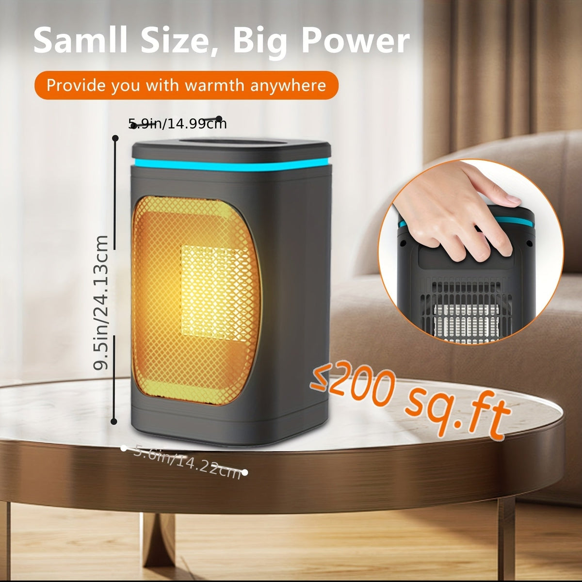 Portable Space Heater 1500W PTC Electric with Color Light Remote Timer Digital Display Overheat Protection Fast Safe Heat for Bedroom Home Office Indoor