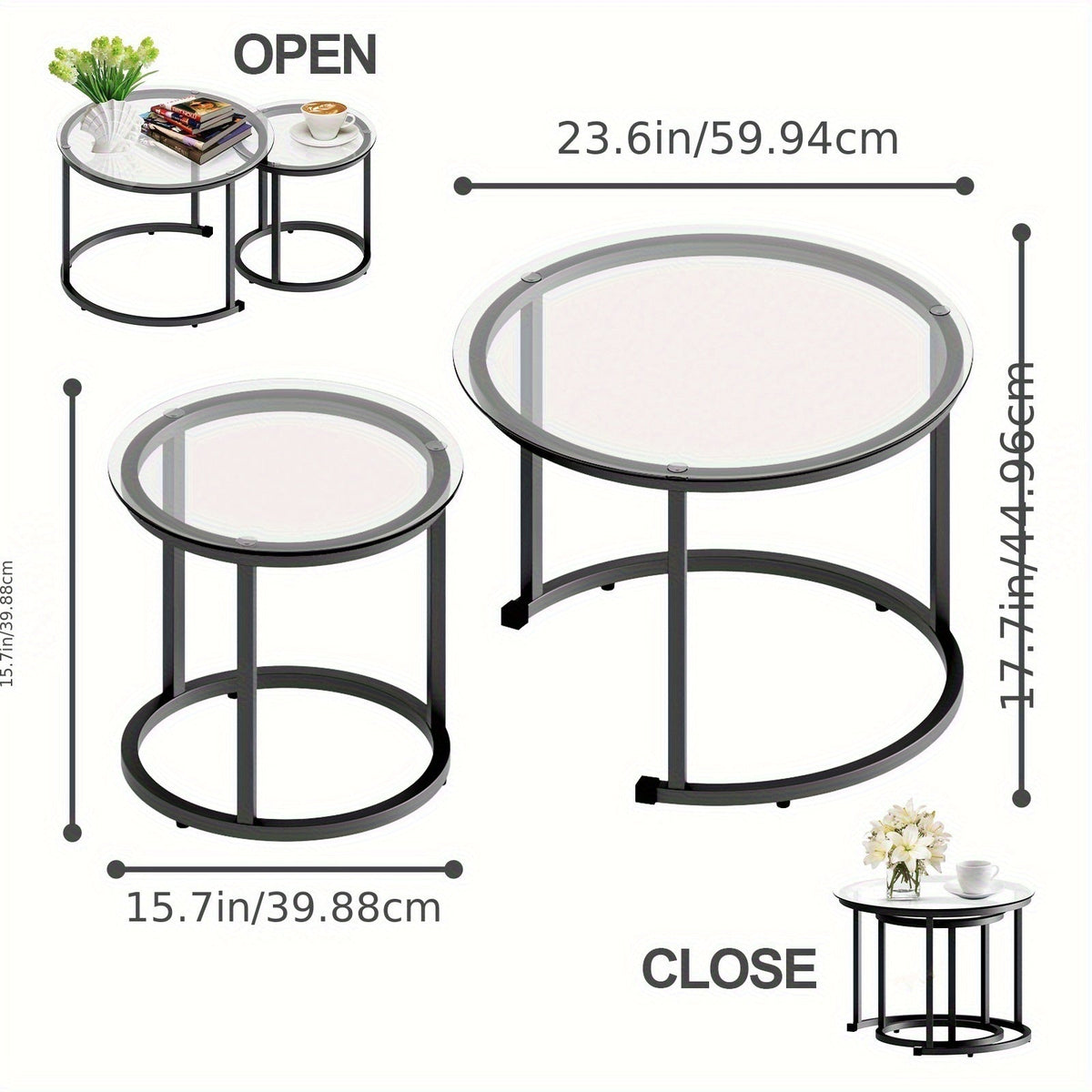 Nesting Glass Coffee Tables Set of 2 – Round Modern Industrial Metal Frame Side Tables for Living Room Bedroom in Clear Gray Striped & Tea Glass with Gold or Black Frame