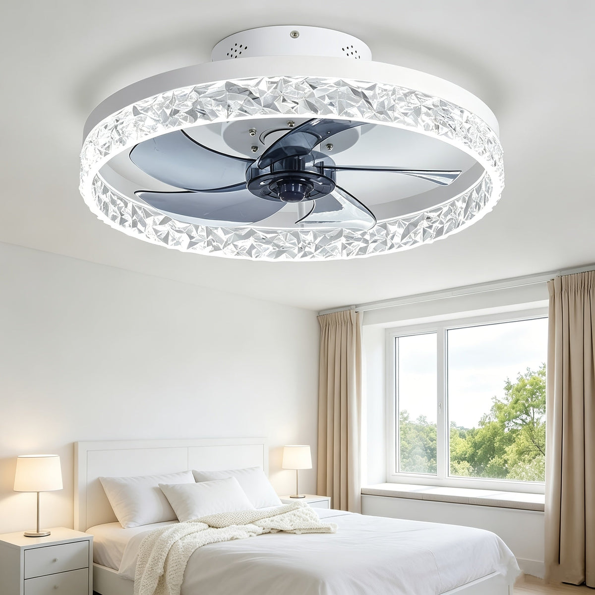 20 Inch Flush Mount Ceiling Fan with Light and Remote Dimmable 3000K-6000K LED Bladeless Low Profile Fandelier for Bedroom Living Room Kitchen White