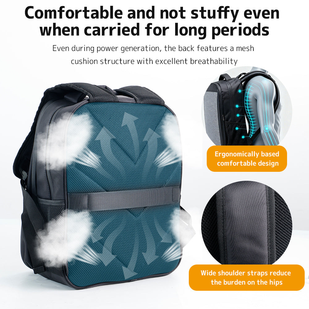 Solar Powered Backpack with Laptop Compartment 13-15.6 Inch USB Type-C Dual Charging Ports Multi-Pocket Oxford Fabric Ergonomic Straps for Commute Travel School Black