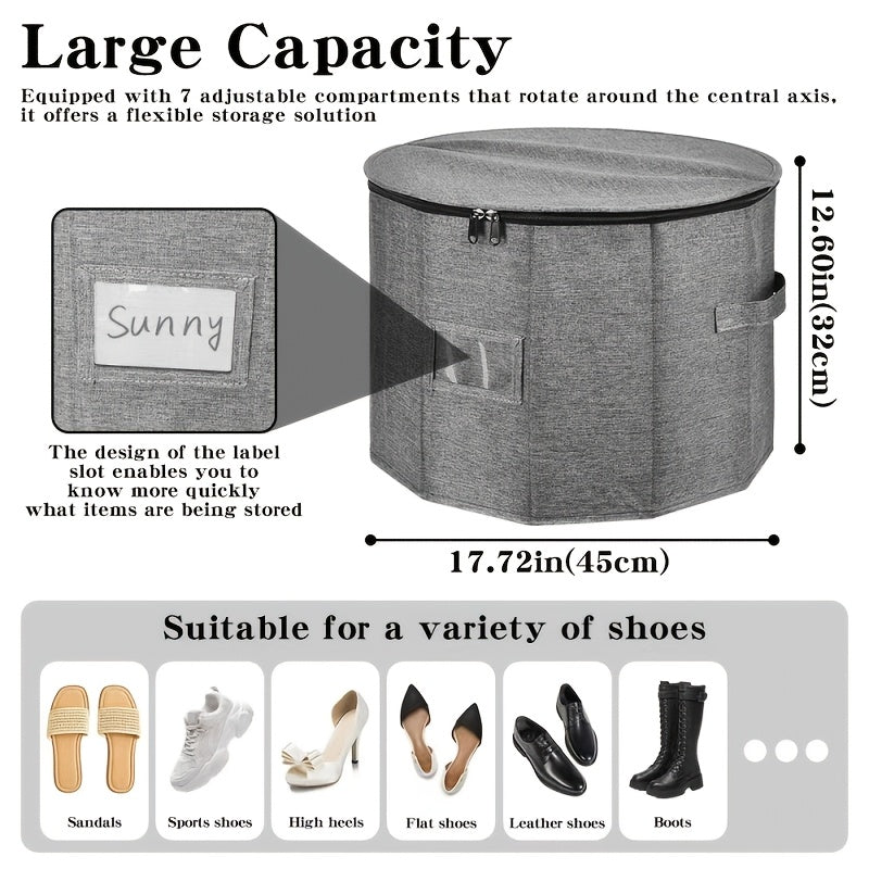 Round Divided Shoe Storage Bin Foldable Fabric Zipper Lid Compartments Carry Handle Dust Proof Shoe Organizer for Closet Bedroom Entryway Grey