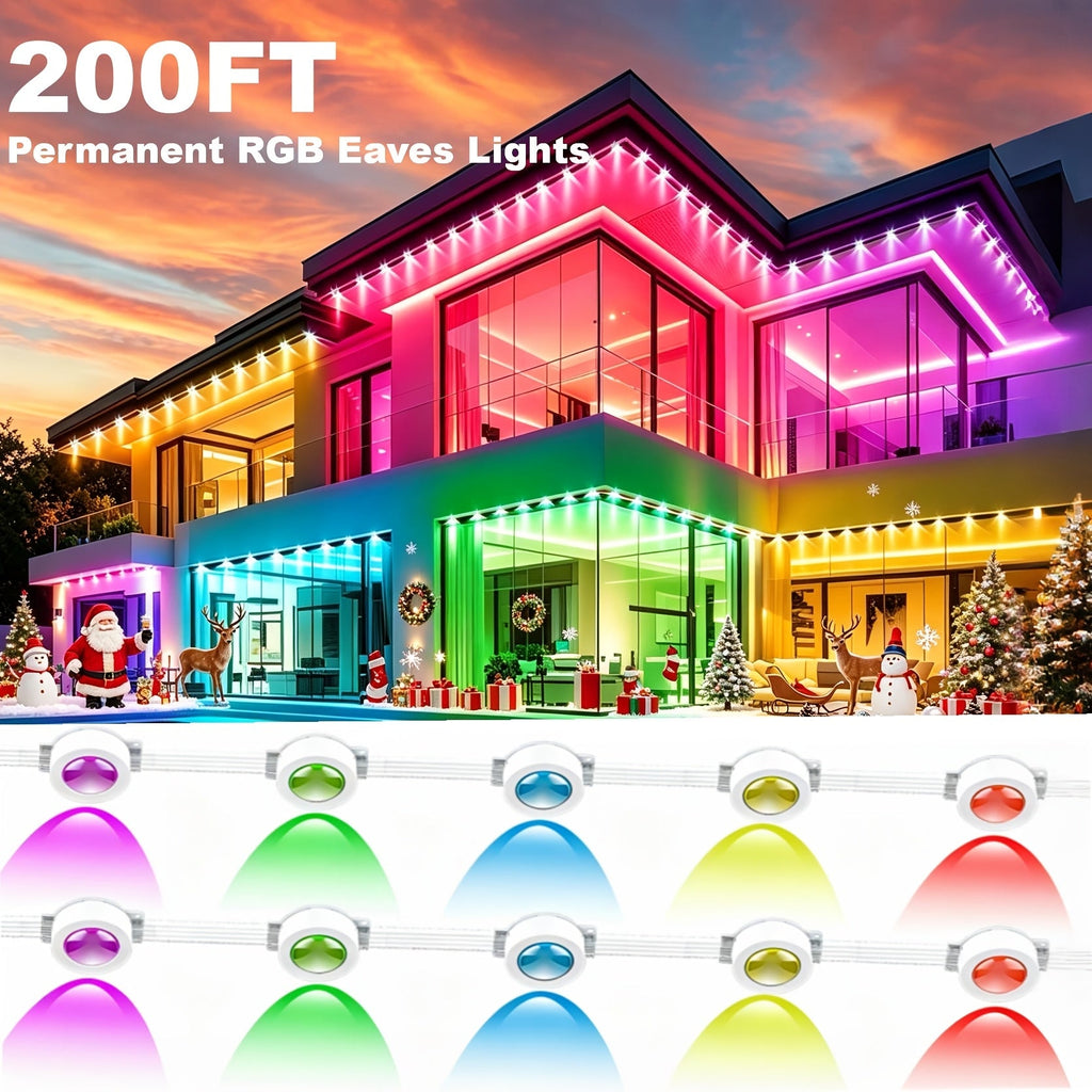 200FT Permanent Outdoor RGB Eave Lights, IP68 Waterproof, Smart App Control, 16 Million Colors, for Christmas Halloween Holidays Parties Garden Home Decoration, Year-Round Installation