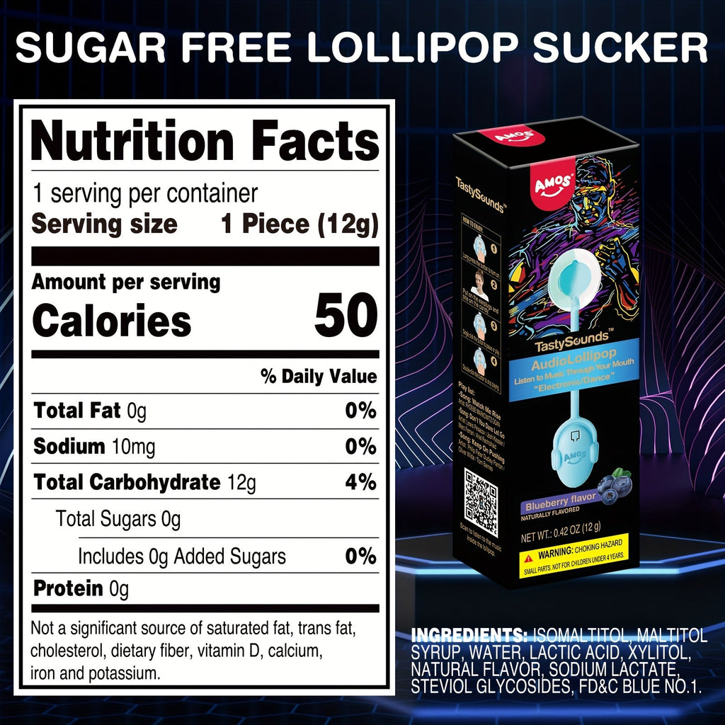 Amos TastySounds Music Lollipop Candy - 5-Pack Singing Audio Suckers, Individually Wrapped - Strawberry, Blueberry & Watermelon - Buy 4 Get 1 Free