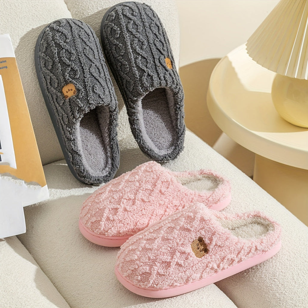 Cozy Bear Print Slip-On Slippers Soft Fabric Warm TPR Sole All-Season Indoor Home Slippers for Women White Dark Gray US 5.5-11