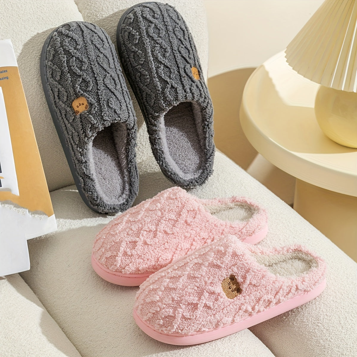 Cozy Bear Print Slip-On Slippers Soft Fabric Warm TPR Sole All-Season Indoor Home Slippers for Women White Dark Gray US 5.5-11