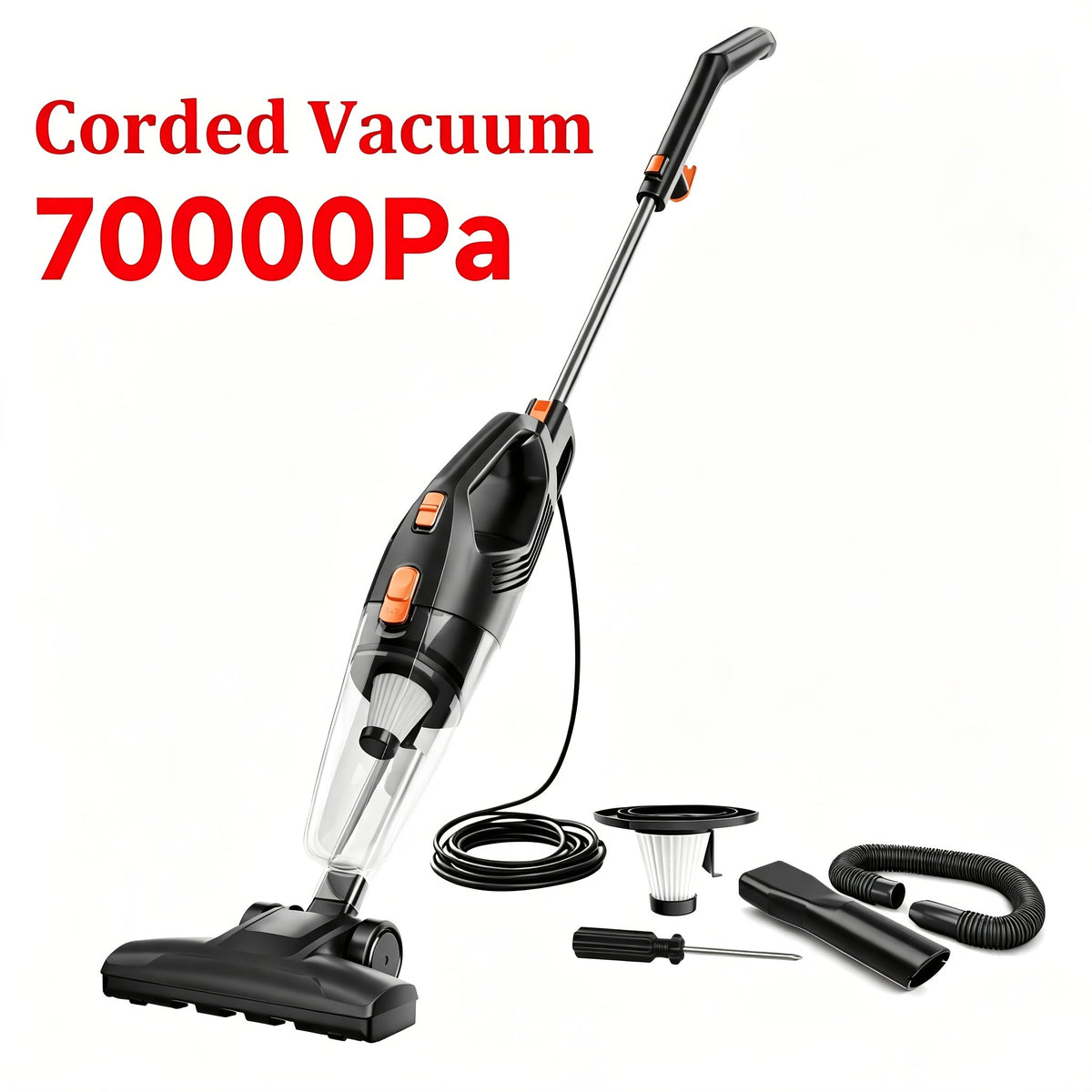 Wired & Wireless Cordless Stick Vacuum Cleaner - 55–70 KPa, 3-Speed, 45-Min Battery, Detachable Battery, LED Floor Brush - Pet Hair, Carpet & Hard Floor - Lightweight Handheld