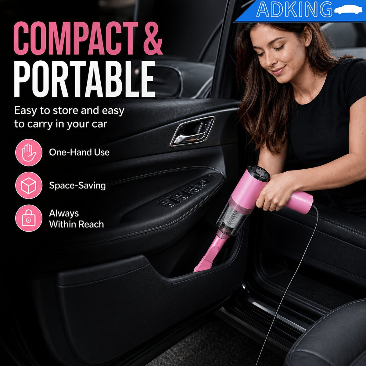 12V Corded Car Vacuum Cleaner - Compact Handheld Interior Vacuum with Brush Nozzle - 9.8ft (3m) Power Cord & 12V Car Plug - Lightweight - Pink & Black