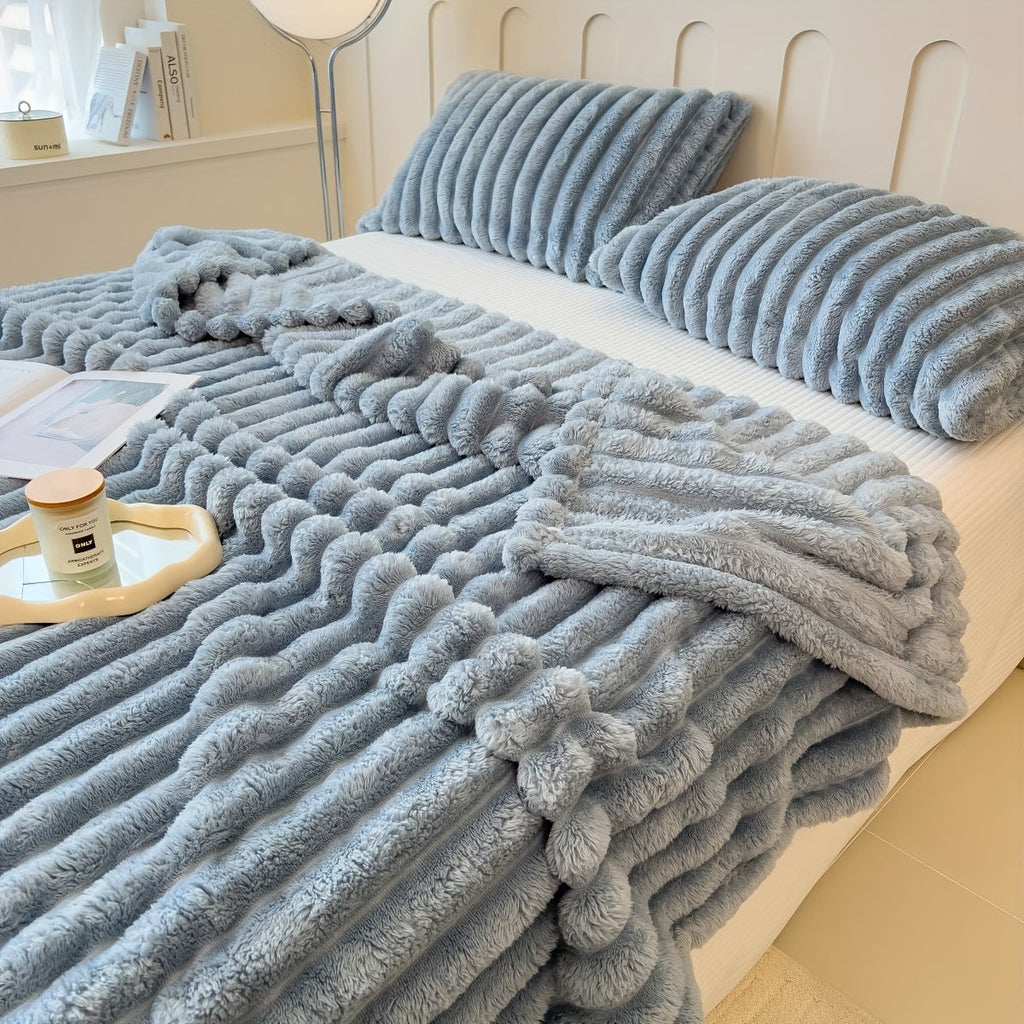 Solid Color Thick Wide-Striped Plush Blanket - Multifunctional Bed Cover, Nap & Pet Blanket - Quick-Warming Autumn & Winter - 4 Sizes - Blue Grey, Pink, Grey, Off White, Olive, Fruit Green & Coffee