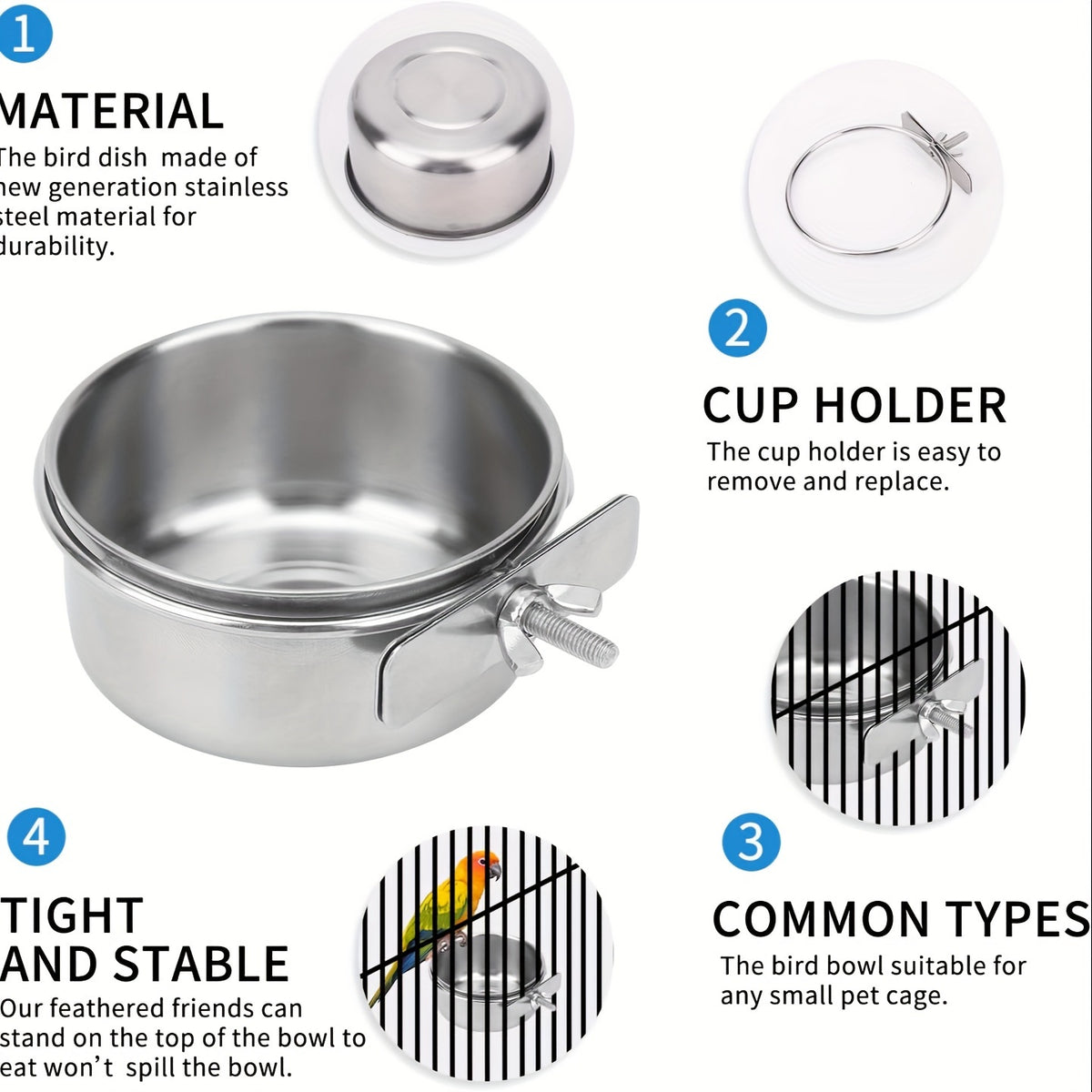 Bird Cage Feeder & Water Bowl Set – 2-Pack Parrot Food Water Bowls with Clip-On Bracket, Sturdy Plastic Bird Feeder Cups for Parakeets Cockatiels Canaries & Small Pet Birds