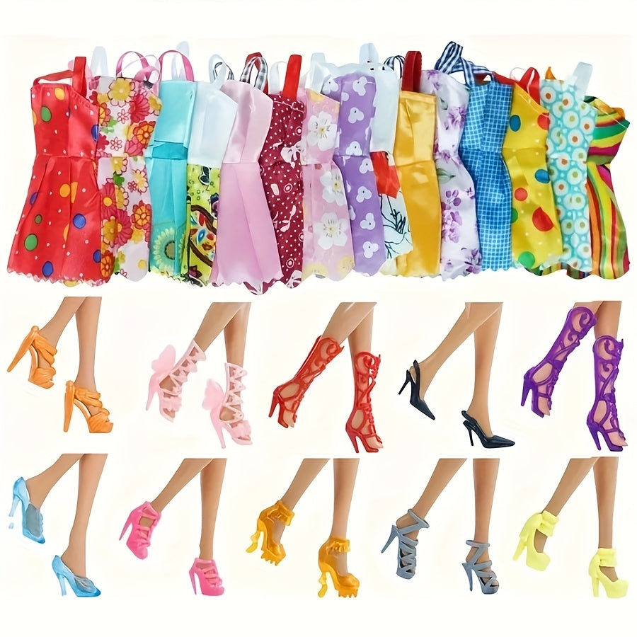 32-Piece Girl Doll Dress-Up Fashion Set – 10 Outfits, 10 Pairs of Shoes, 6 Crowns & 6 Necklaces, Multi-Color Random Style, Doll Wardrobe Accessories for Kids