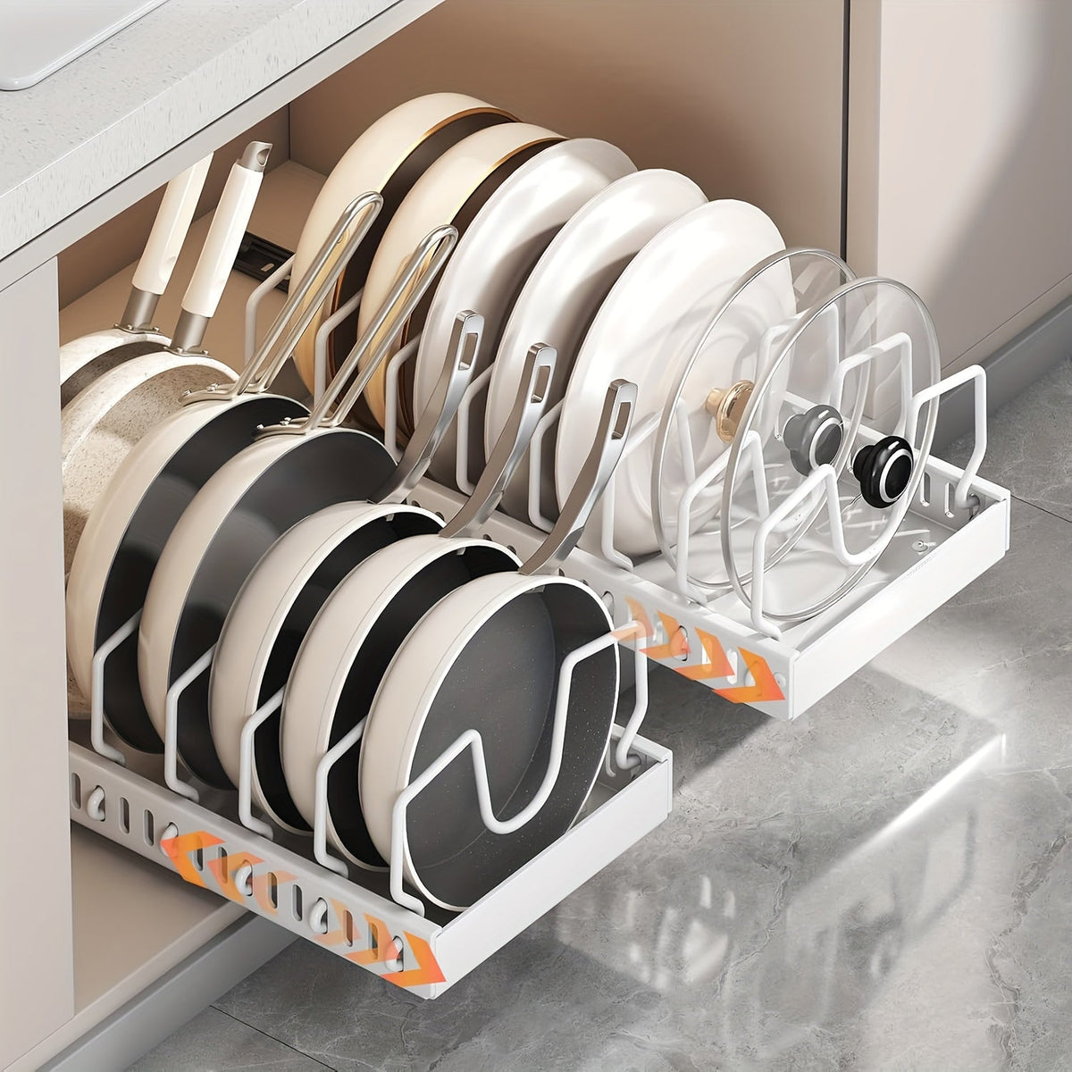 Pull Out Pot & Pan Organizer Rack for Under Cabinet – Slide Out Lid Holder with 8 Adjustable Compartments, Drill-Free Install, Kitchen Cabinet Cookware & Baking Sheet Organizer – 1pc or 2pcs