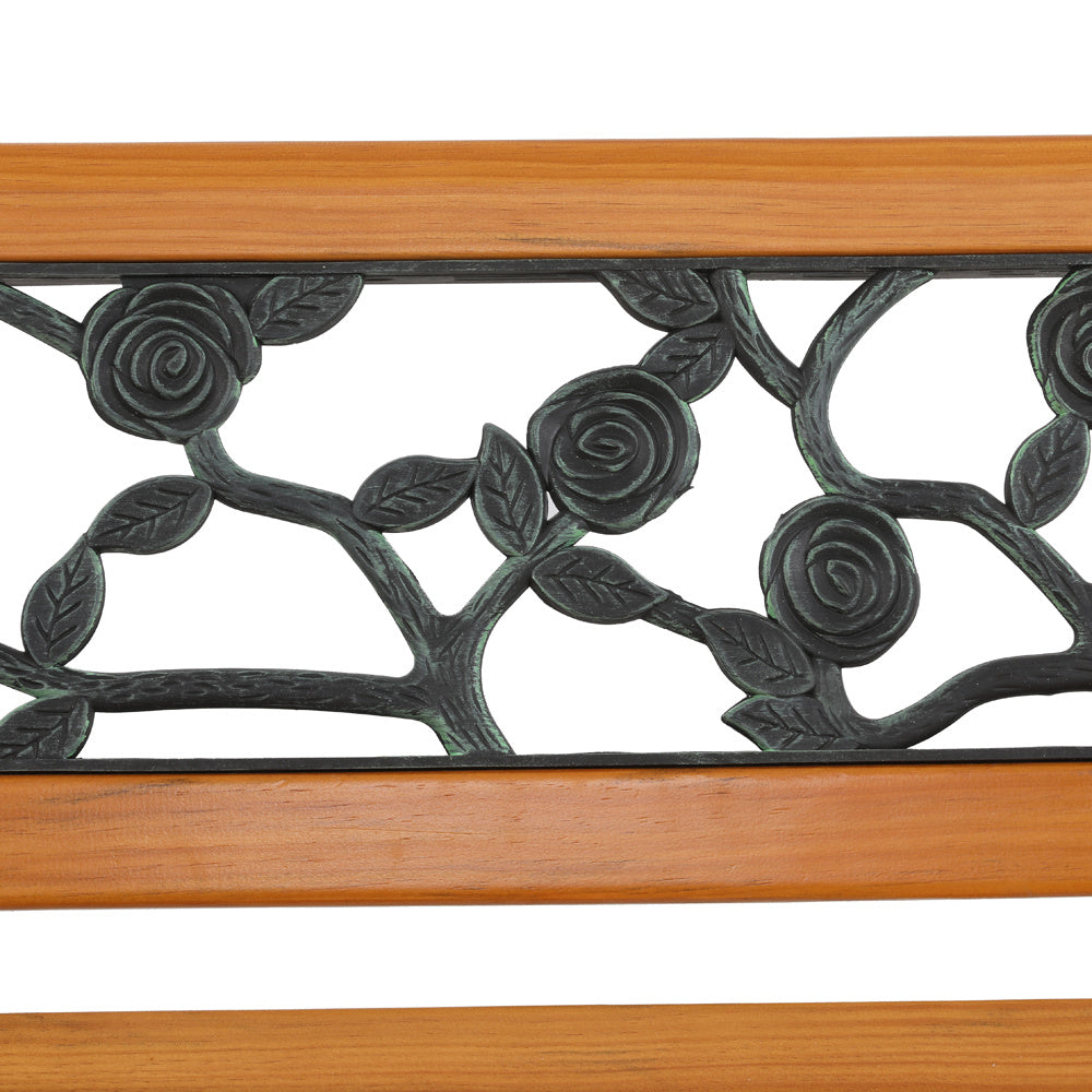 49 Inch Outdoor Garden Bench Cast Iron Hardwood Floral Rose Back Love Seat 330LBS Capacity Weather-Resistant Patio Porch Deck Bench Bronze Natural
