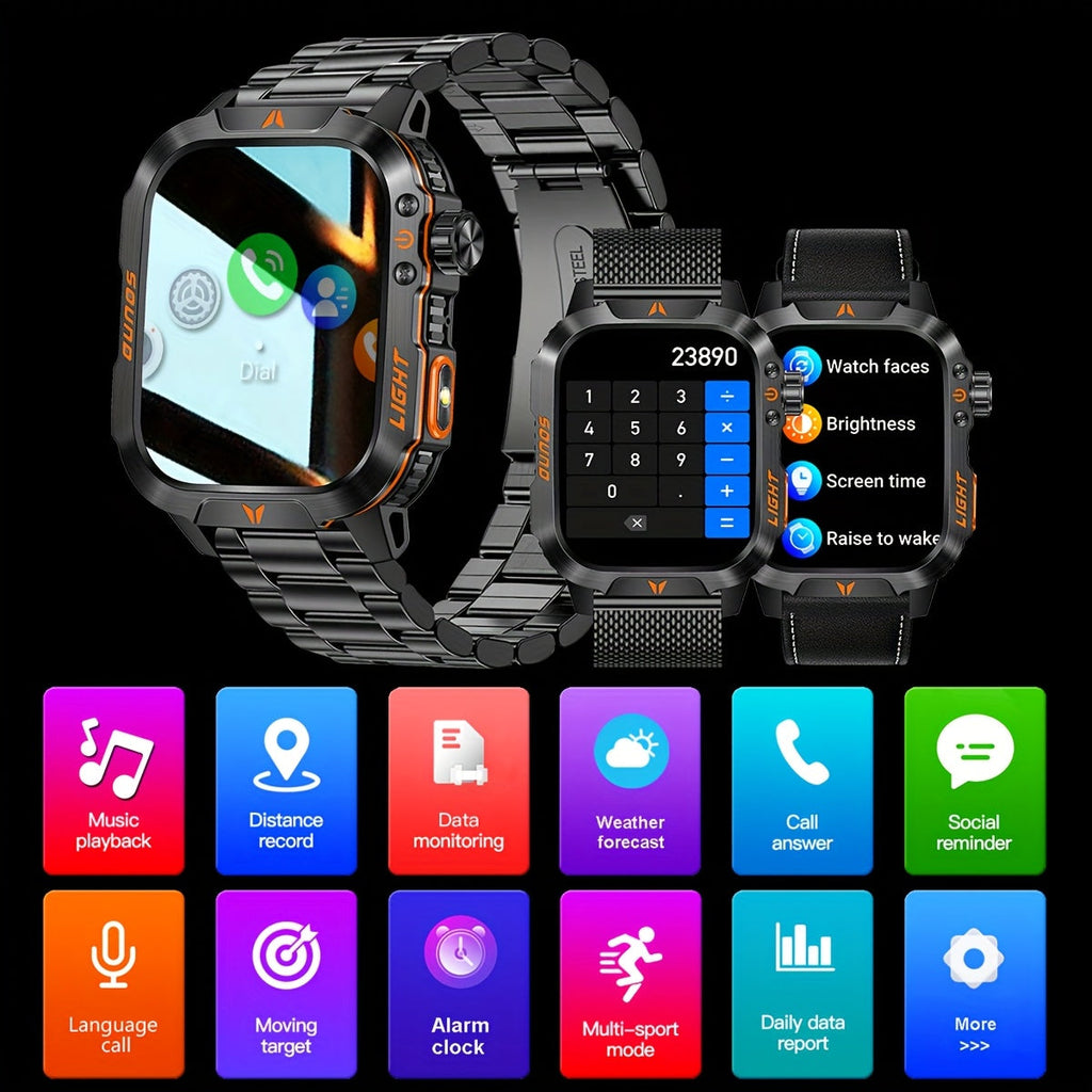 Rugged Outdoor Smartwatch – 2.01" Wireless Calling LED Flashlight 600mAh Battery Compatible with iPhone & Android in Black Steel Mesh & Camouflage Blue Silicone Strap Options