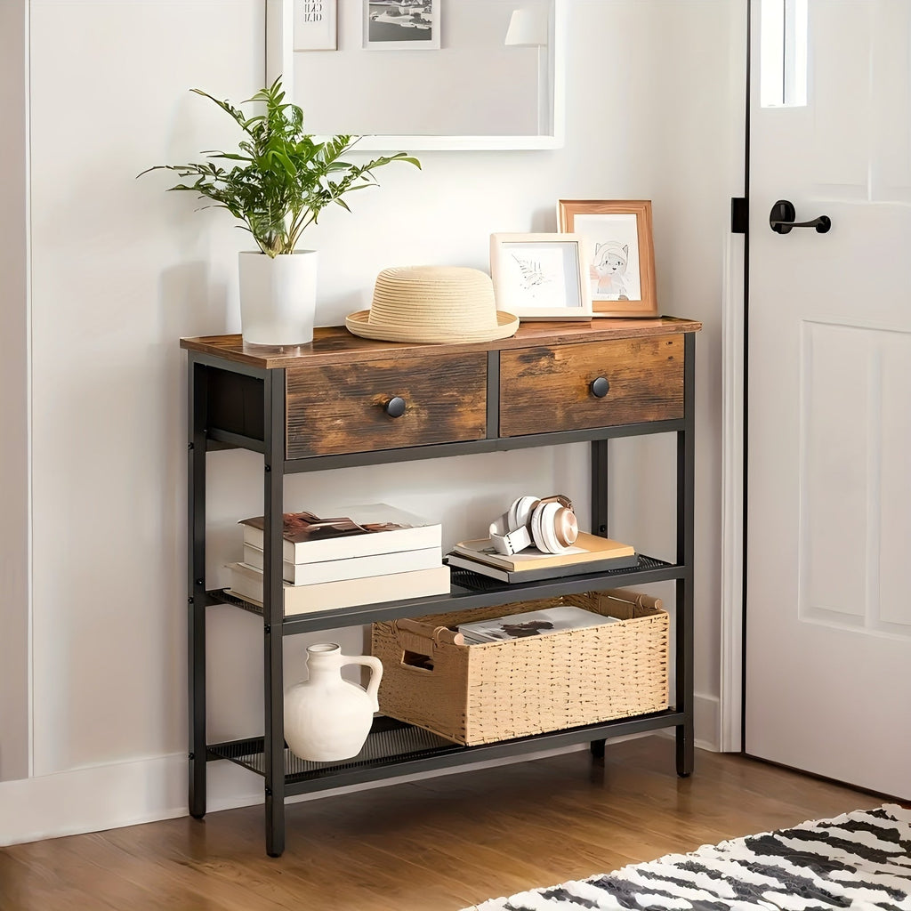 29.5 In Narrow Console Table 2 Fabric Drawers 3-Tier Storage Shelves Sofa Table & Entryway Desk for Living Room & Hallway – Rustic Brown Black Gray