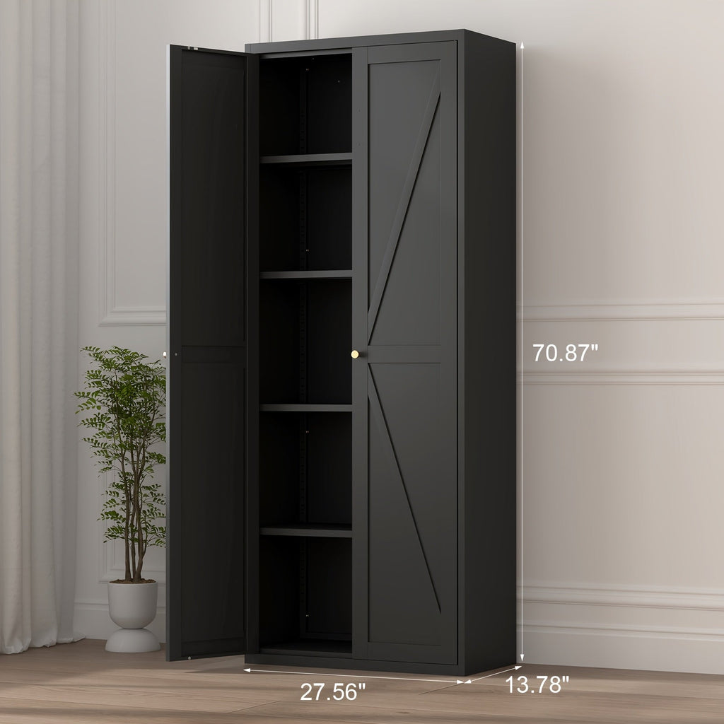 Tall Metal Kitchen Pantry Cabinet 47 71 Inch Freestanding Storage Cabinet 4 Adjustable Shelves 180LB per Shelf Magnetic Doors Gold Handles for Kitchen Living Room Bedroom Office Black White