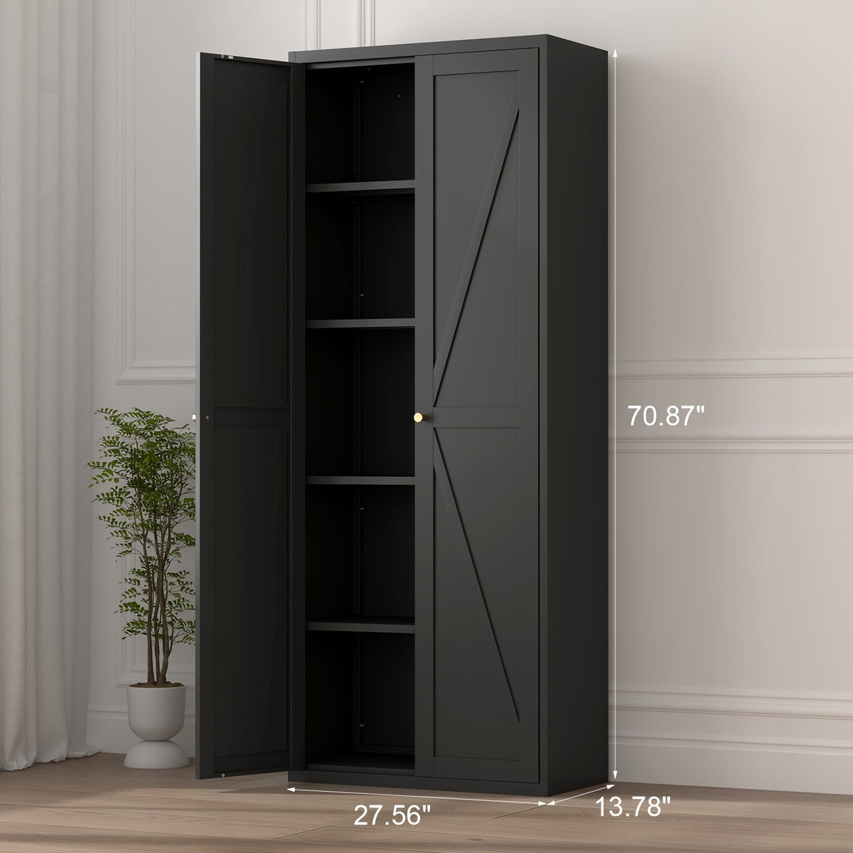 Tall Metal Kitchen Pantry Cabinet 47 71 Inch Freestanding Storage Cabinet 4 Adjustable Shelves 180LB per Shelf Magnetic Doors Gold Handles for Kitchen Living Room Bedroom Office Black White