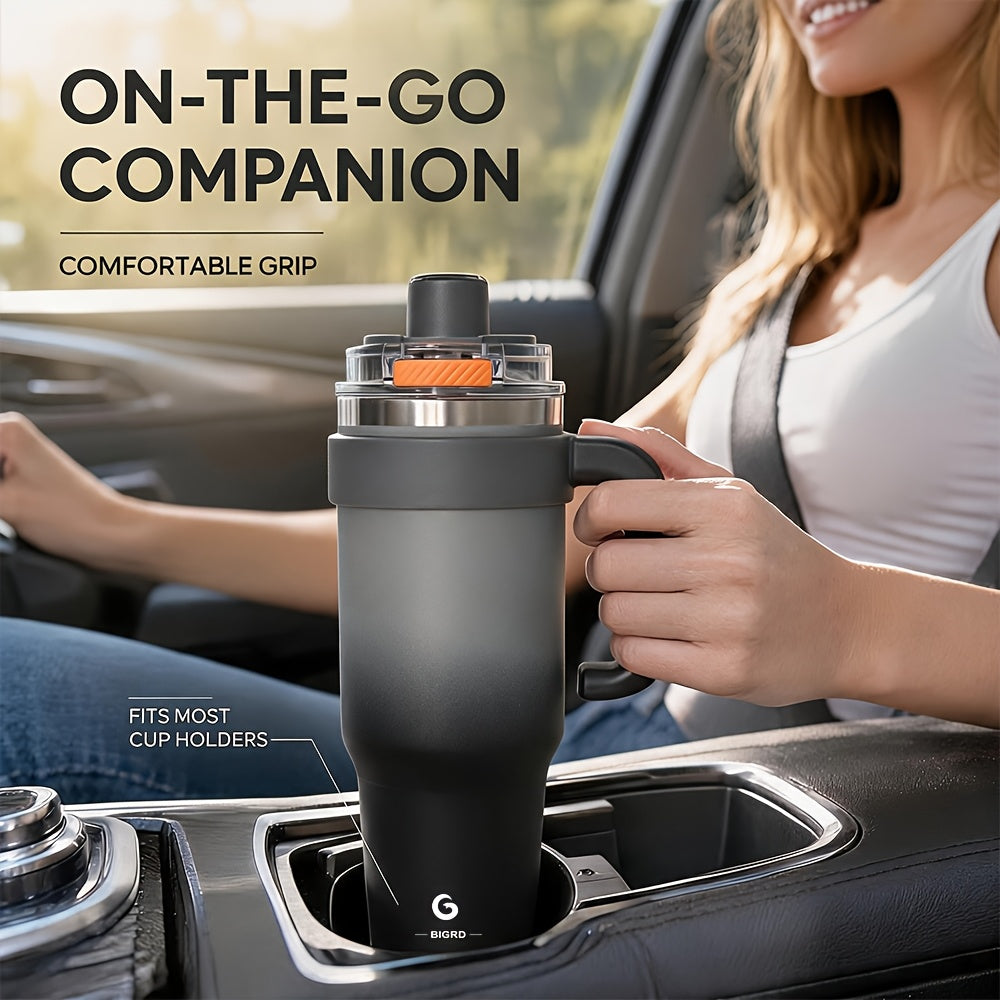BIGRD 40oz Vacuum Insulated Travel Tumbler 1182ml Double Wall Stainless Steel with Handle and Straw Lid Leak Proof Hot Cold Hours Cleaning Brush Black Gray Blue