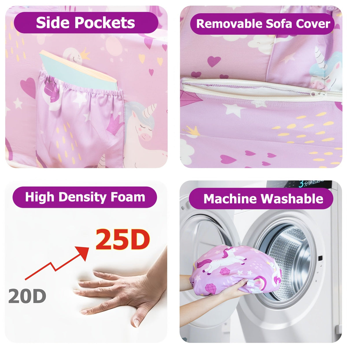 Kids Sofa 2-in-1 Toddler Fold Out Couch Convertible Lounger Soft Foam No Assembly Required for Boys Girls Reading Napping Playing Blue Dinosaur Purple Unicorn Cars