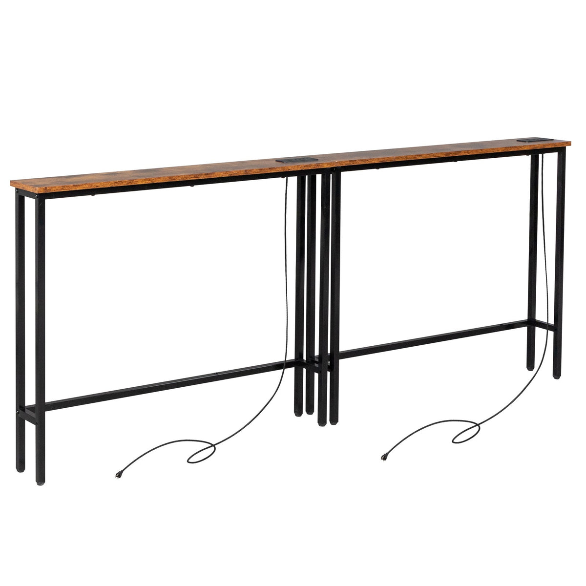 Narrow Console Table with Charging Station – Built-In Outlets USB Ports Metal Frame Slim Sofa Table 39.4" / 78.7" for Living Room Apartment in Rustic Brown Oak Black