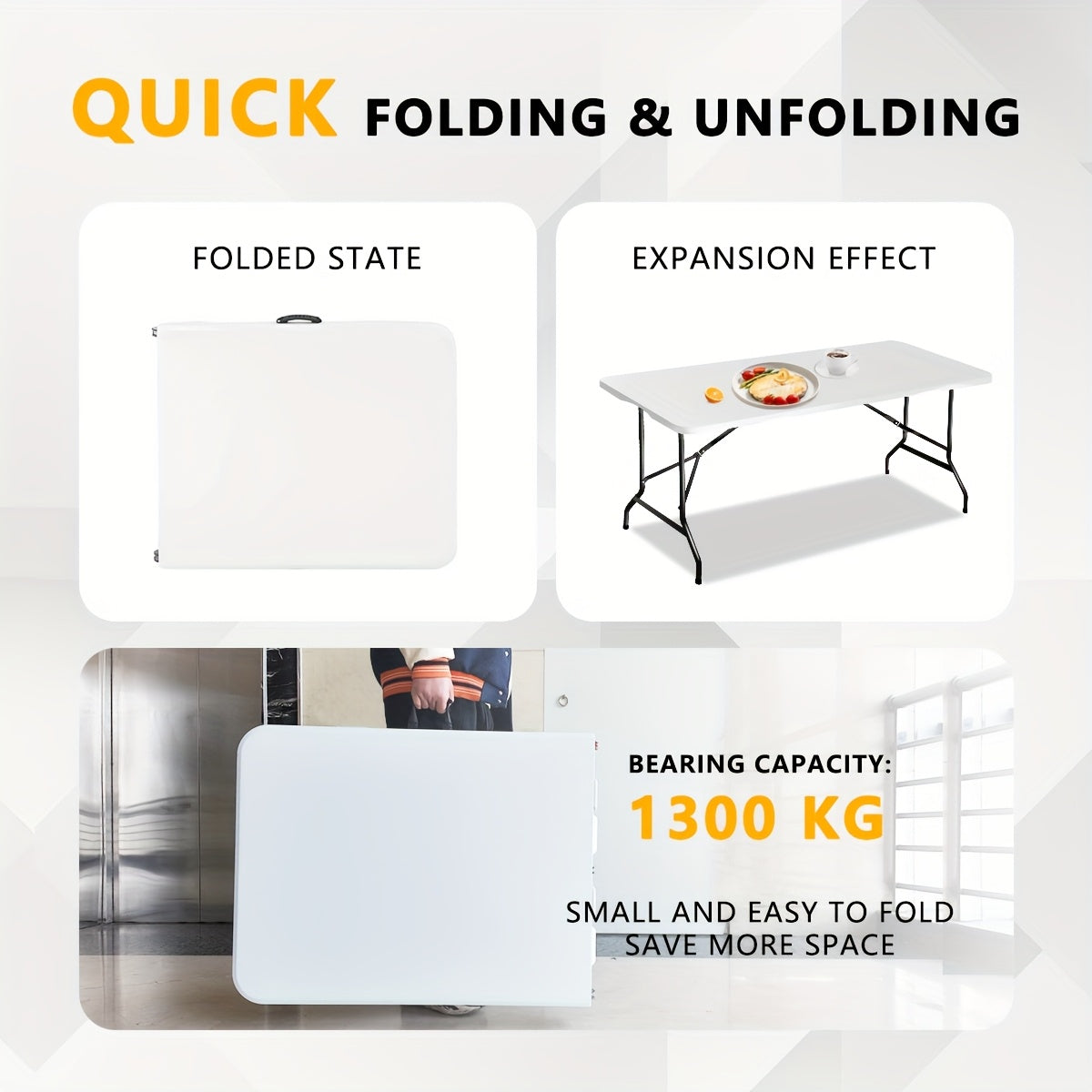 Portable Folding Table - 4FT, 6FT & 30"×20" - Heavy Duty Plastic Fold-in-Half, Adjustable Height, Carrying Handle & Locking Legs - Indoor & Outdoor, Camping, Party & Picnic - White & Black