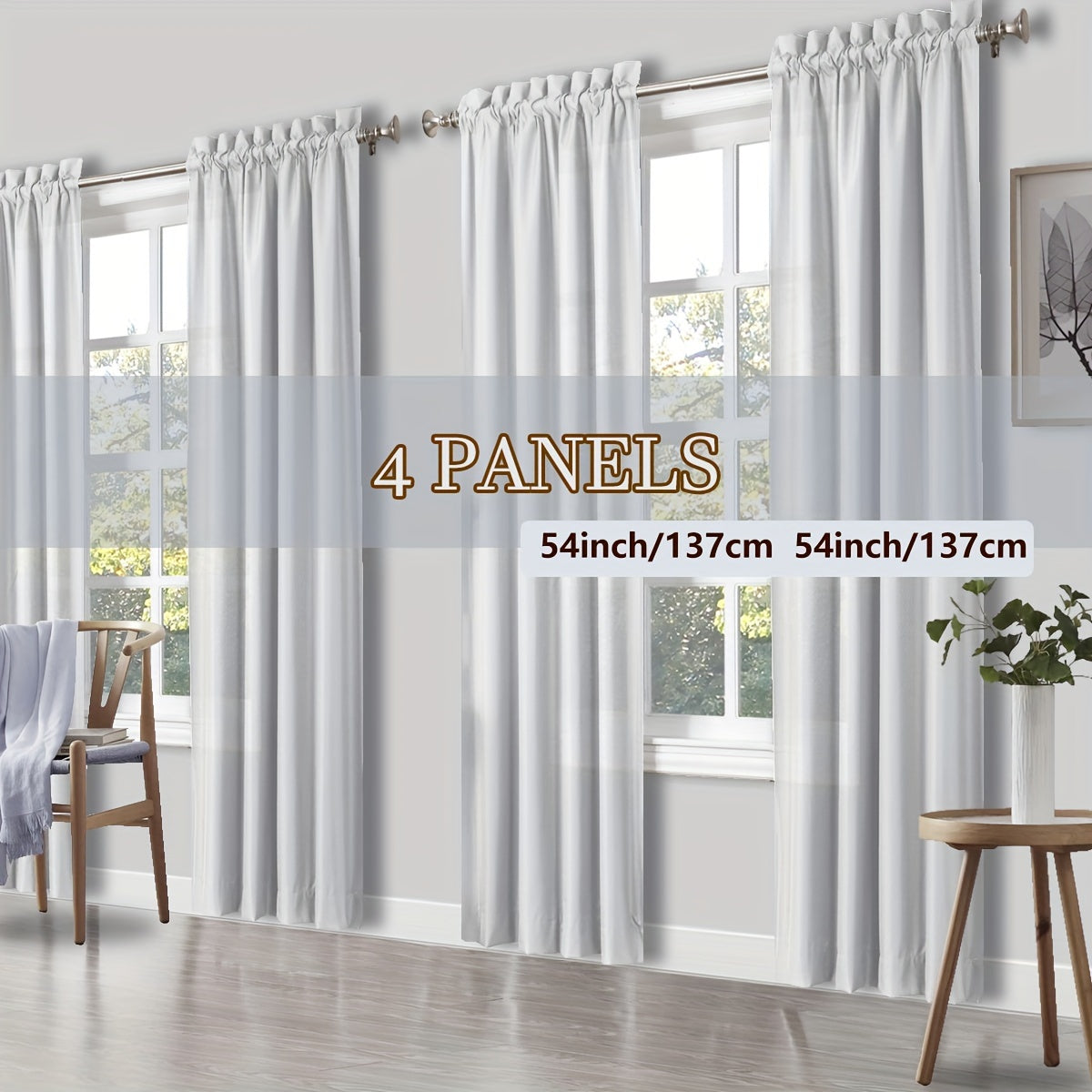 Rod Pocket Light Filtering Curtains 4 Panels Solid Color | Yarn-Dyed Fade Resistant Fabric | Easy 30-Second Install | Living Room Bedroom Office Patio Door | 10 Colors 8 Sizes 38-54 Wide 54-95 Long