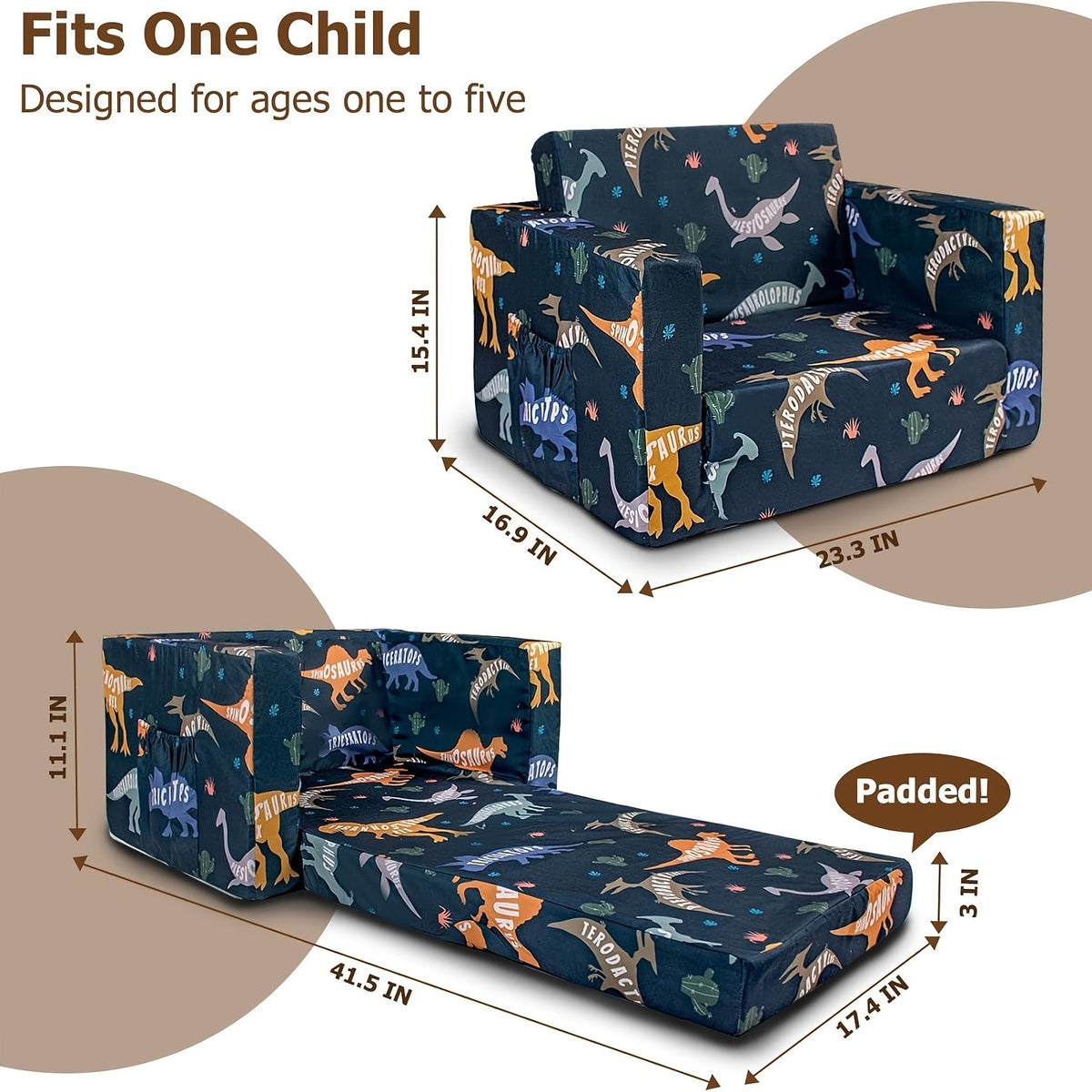 Kids 2-in-1 Convertible Sofa Bed Toddler Flip Out Lounge Chair No Assembly Required Machine Washable Cover for Boys Girls Bedroom Playroom Daycare Blue Dinosaur Cars