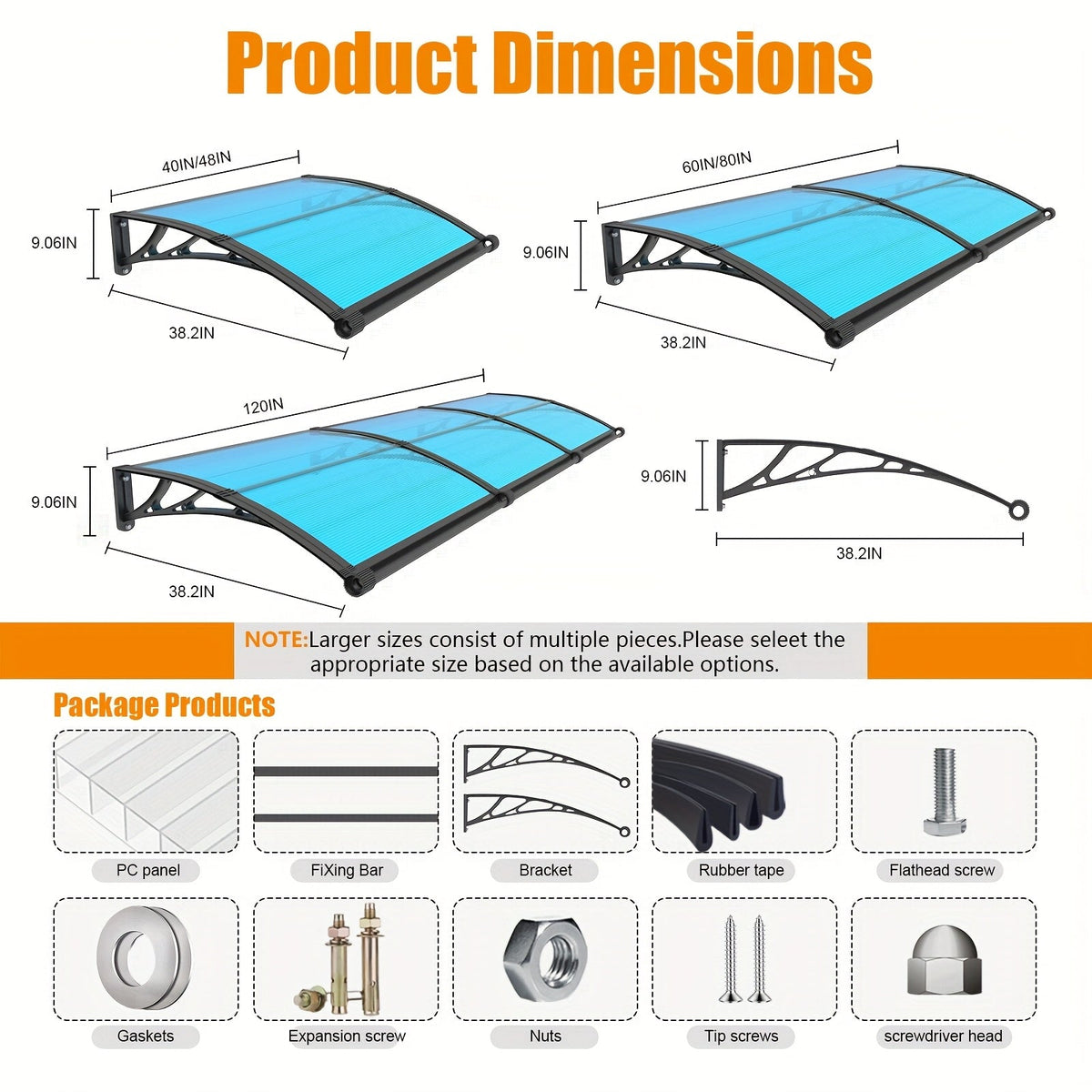 Polycarbonate Window & Door Awning Canopy with Large Gutter Rain Sun & UV Protection SPF50+ ABS Brackets – 15-Min DIY Install for Windows Doors Balcony & Garage, 7 Sizes Available