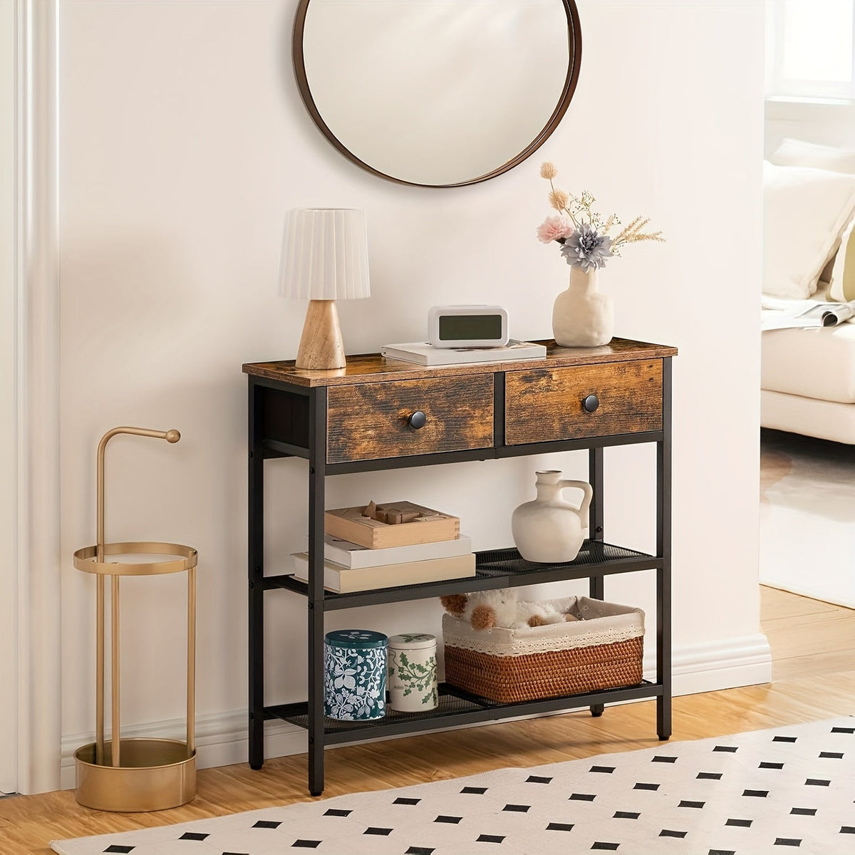 29.5 In Narrow Console Table 2 Fabric Drawers 3-Tier Storage Shelves Sofa Table & Entryway Desk for Living Room & Hallway – Rustic Brown Black Gray