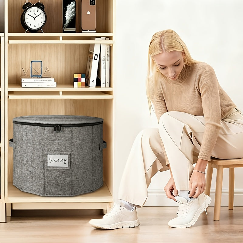 Round Divided Shoe Storage Bin Foldable Fabric Zipper Lid Compartments Carry Handle Dust Proof Shoe Organizer for Closet Bedroom Entryway Grey